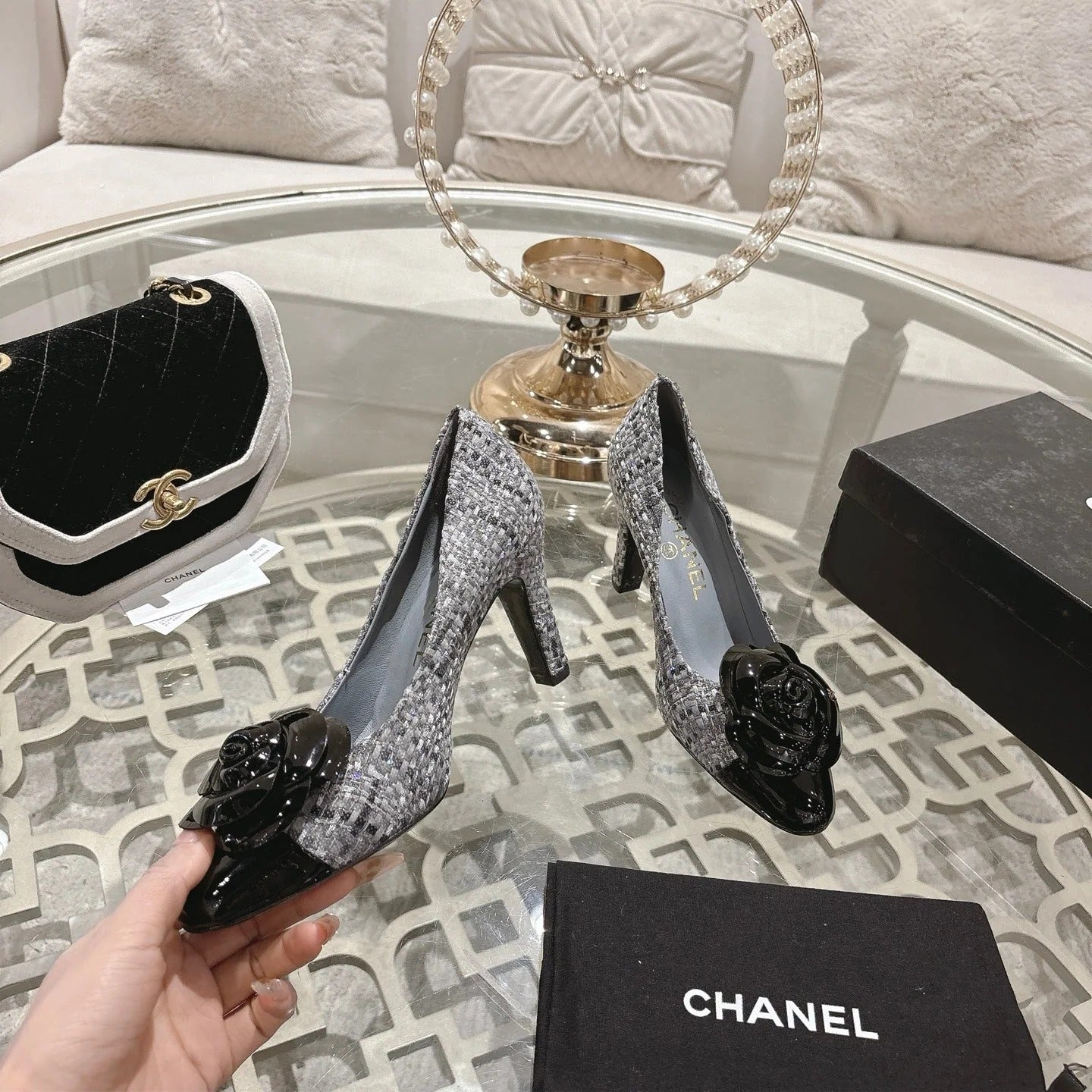 CC 26s High Heels Pump 85 Gray Black Wool Fabric 627016
