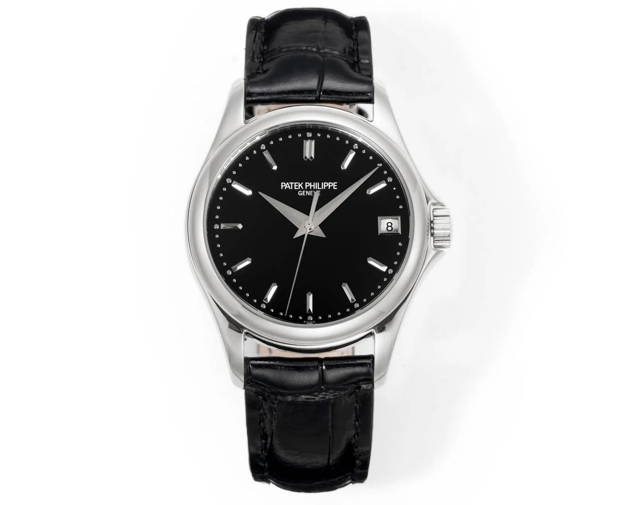 Patek Philippe Calatrava 37mm Black Dial Black Leather Strap