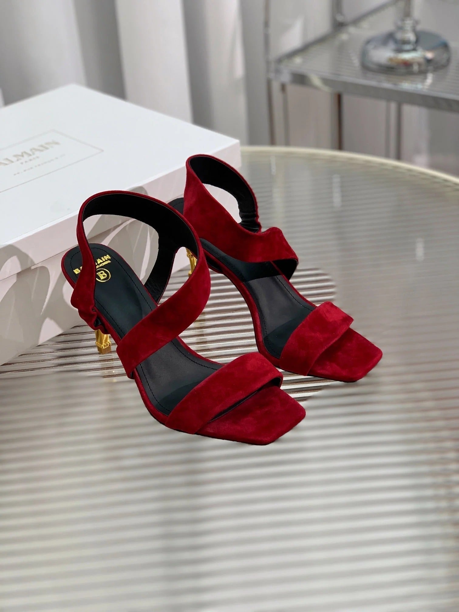 BALMAIN 25S HIGH HEEL SANDALS 95MM IN DARK CRIMSON SUEDE