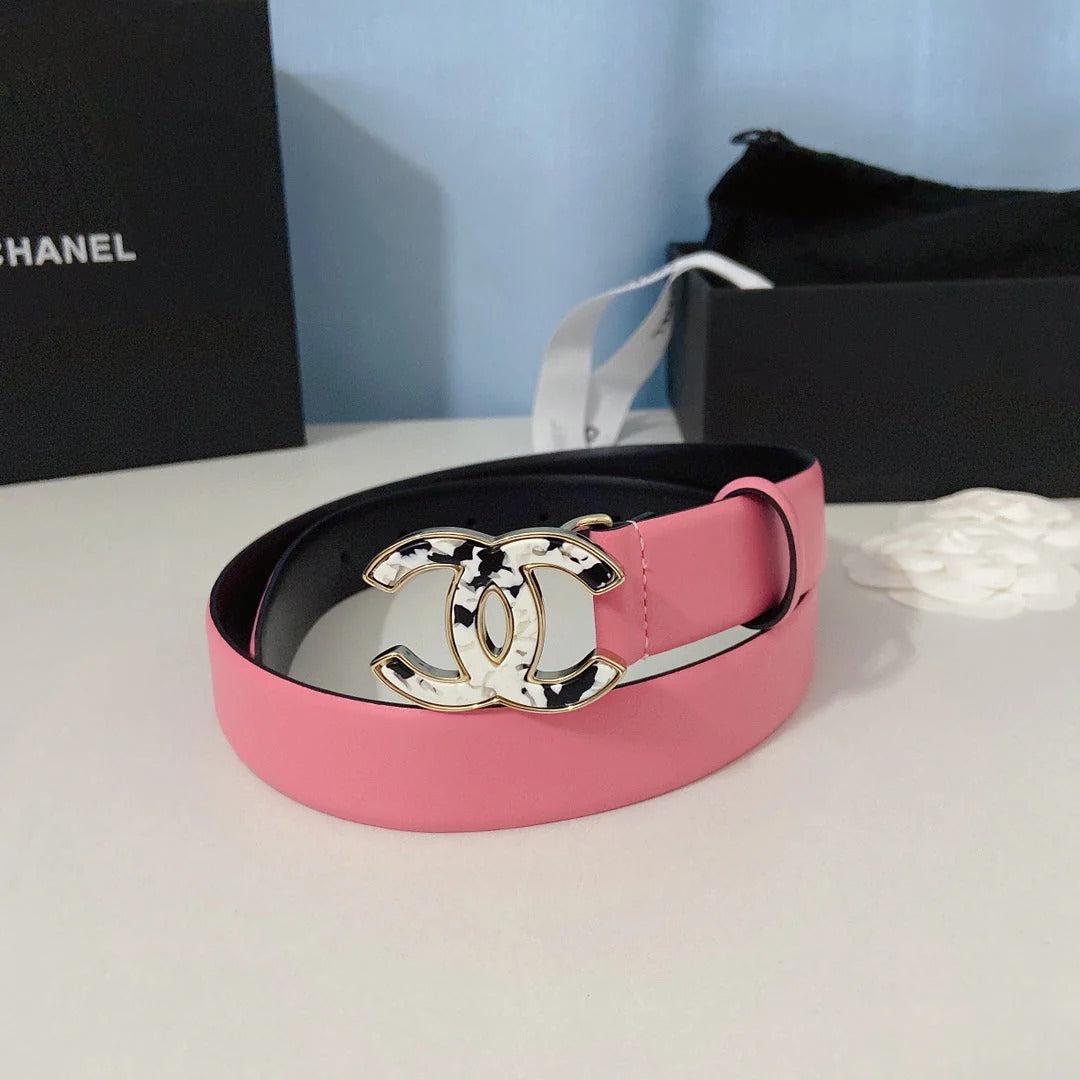 CC Women's Belt 3.0CM Pink Calfskin White Black Buckle 597642