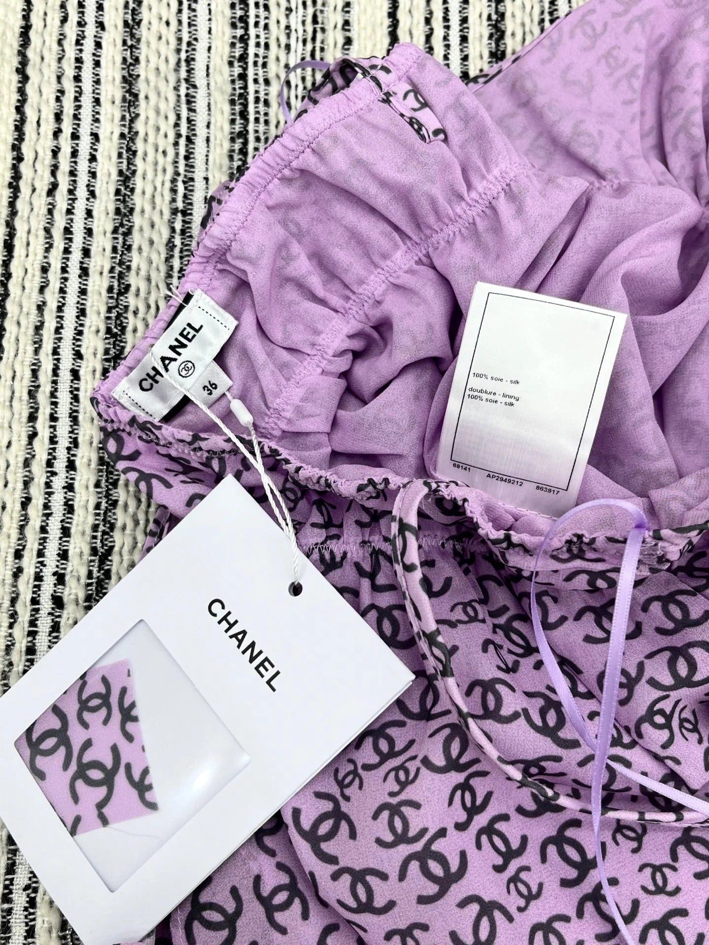 CHANEL PURPLE SILK CAMELLIA DRESS WITH PEARL DETAILS