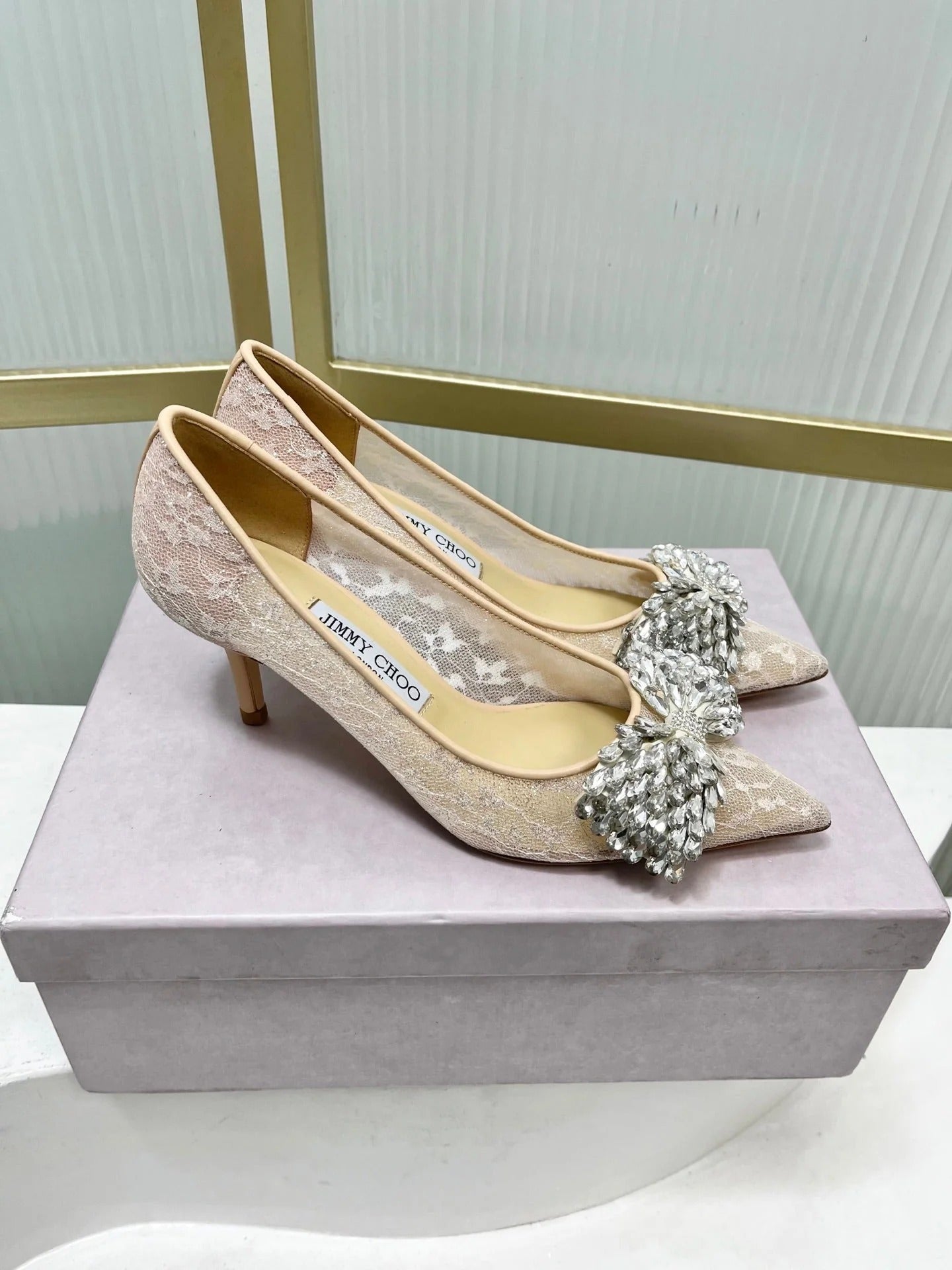 Jimmy 26s High Heels 65 Beige White Imported Lace Sheepskin 605987