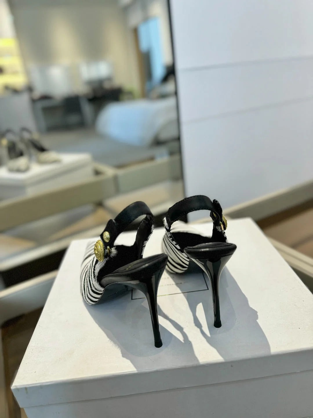 BALMAIN 25S SLINGBACK EVA 95MM IN WHITE AND BLACK ZEBRA PRINT CALFSKIN
