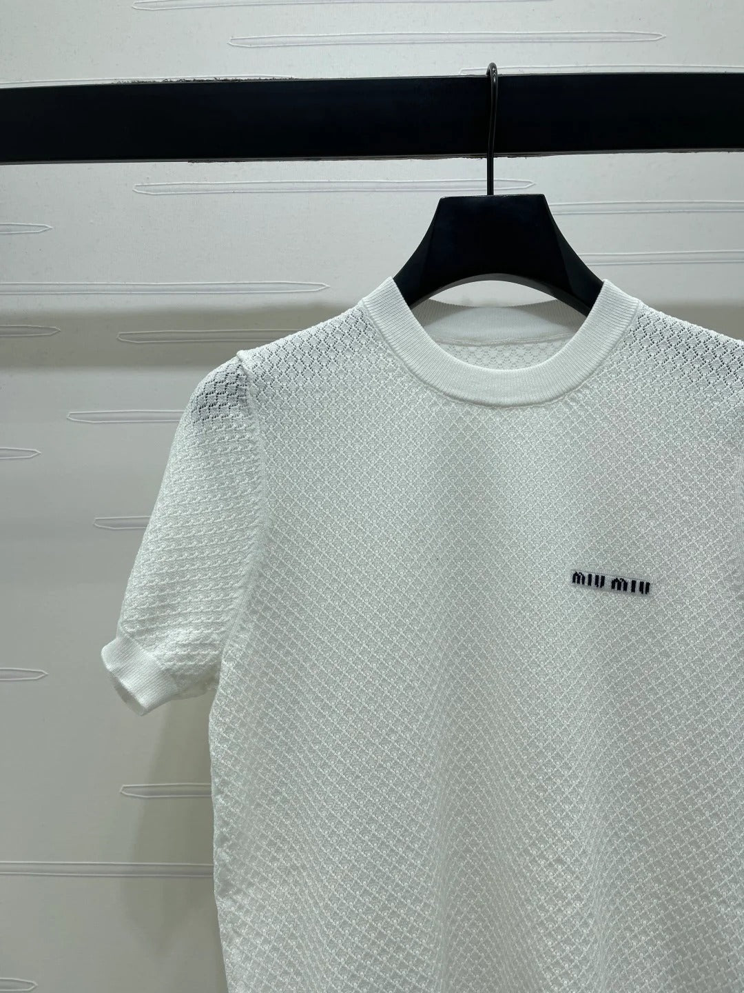 Miumiu 2026 Crew Neck Knit Short-Sleeve Shirt with Letter Logo Tencel