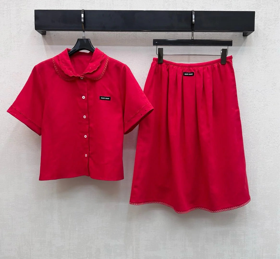 Miumiu 2026 Lace-trimmed Short-Sleeve Shirt and Skirt Set Cotton