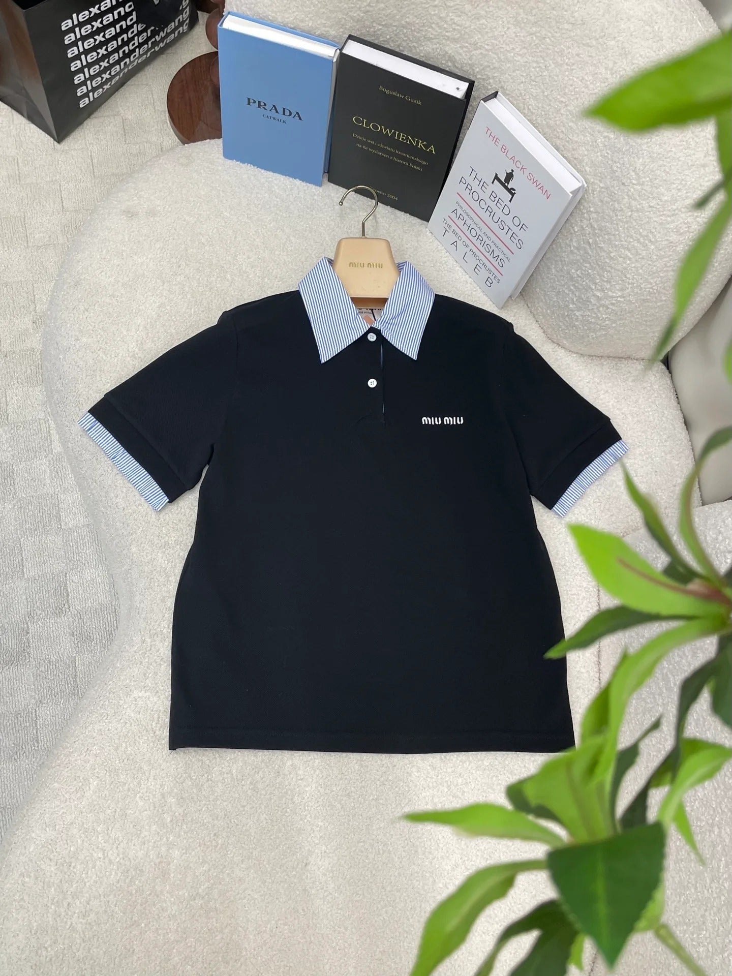 Miumiu 2026 Striped Patchwork Polo Shirt Black Blue Cotton