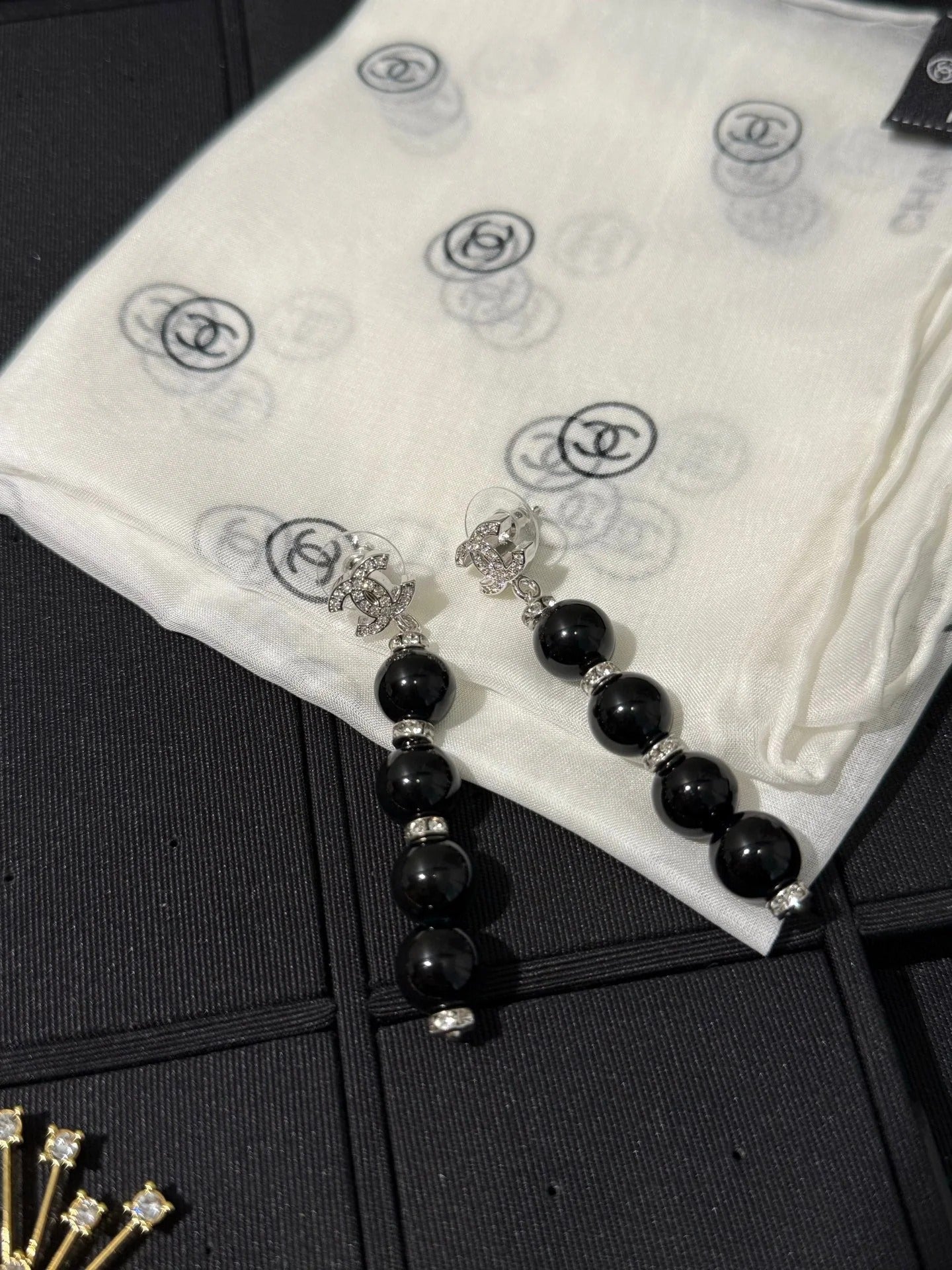 Chanel 2026 Light Gold Full Diamond Double C White Pearl Earrings
