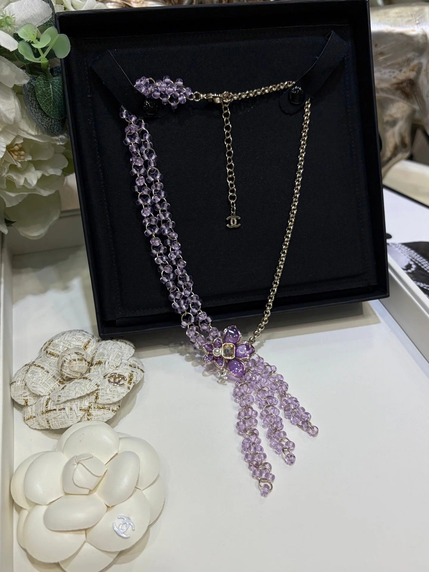 Chanel 2026 Double C Light Purple Beaded Asymmetrical Flower Necklace