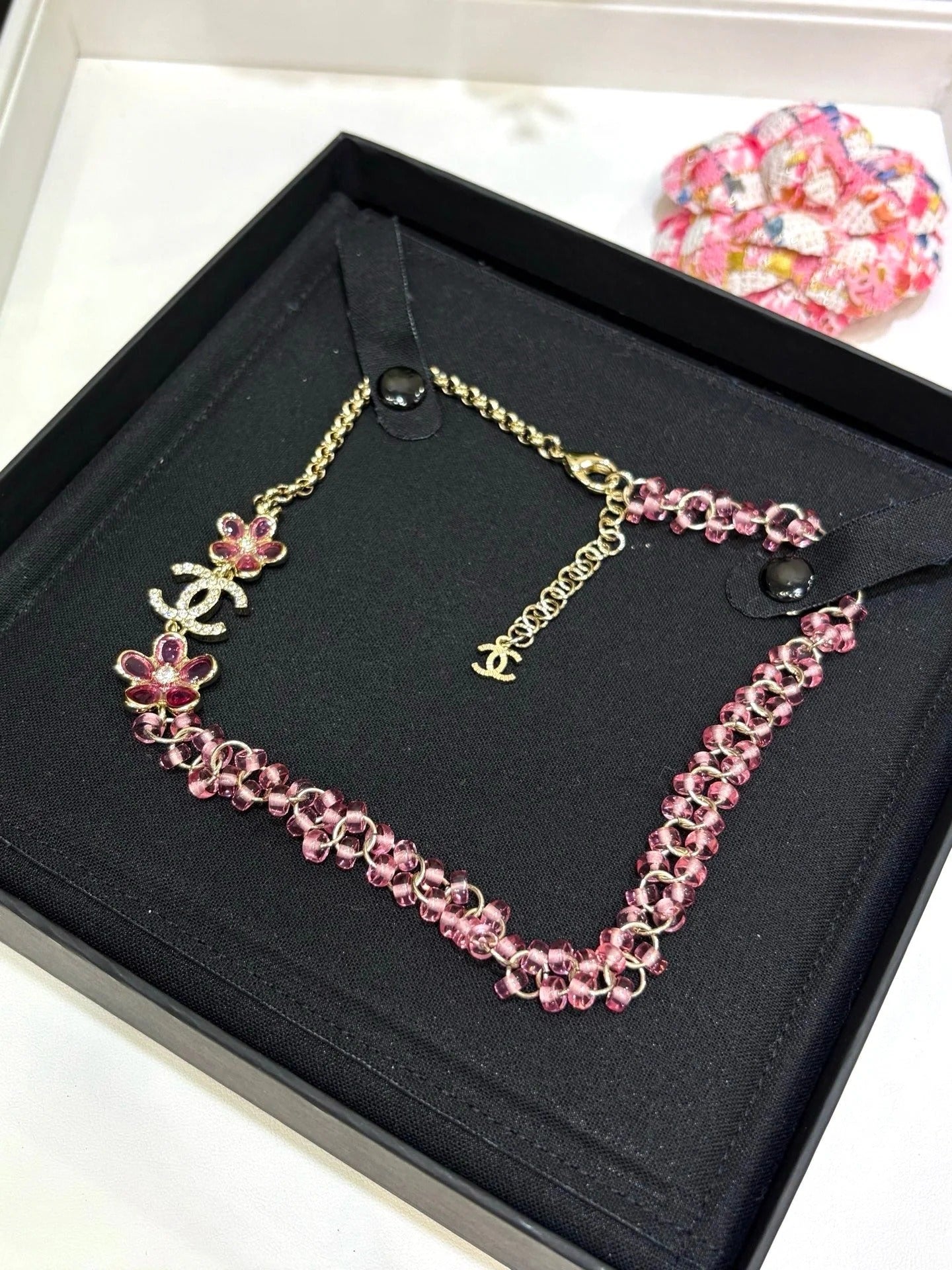 Chanel 2026 Double C Pink Acrylic Flower Beaded Necklace