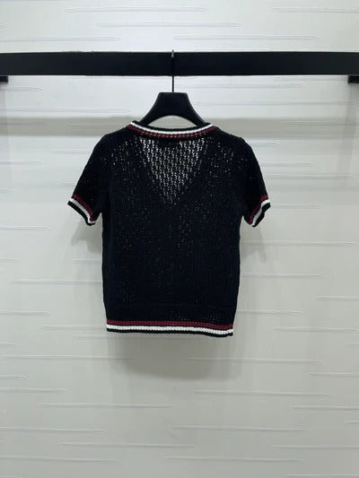 Miumiu 2026 Hollow V-neckline Cardigan Black White Pink Wool