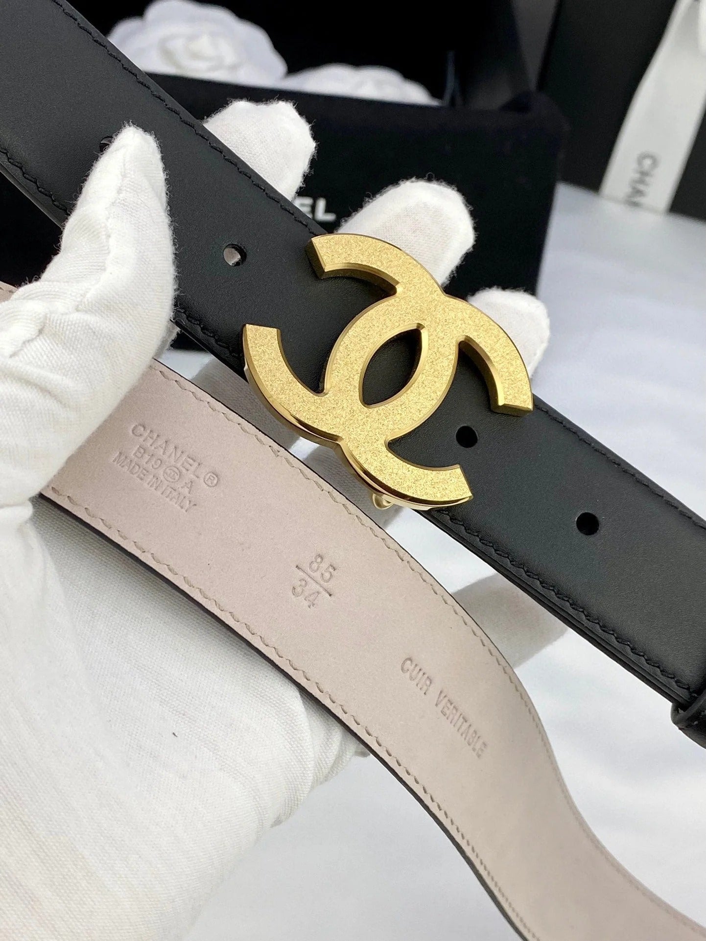 DOUBLE C BELT 30MM IN BLACK CALFSKIN METAL BUCKLE