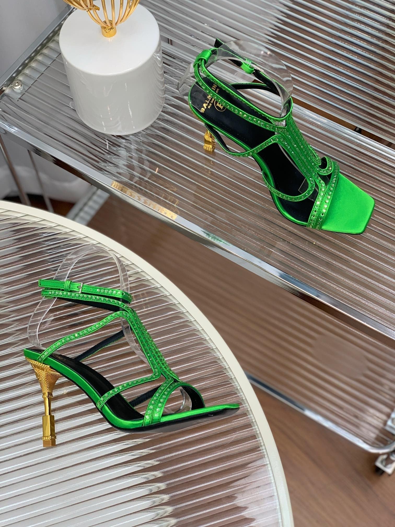 BALMAIN 25S MONETA SANDAL 95MM IN DARK GREEN CALFSKIN WITH CRYSTAL