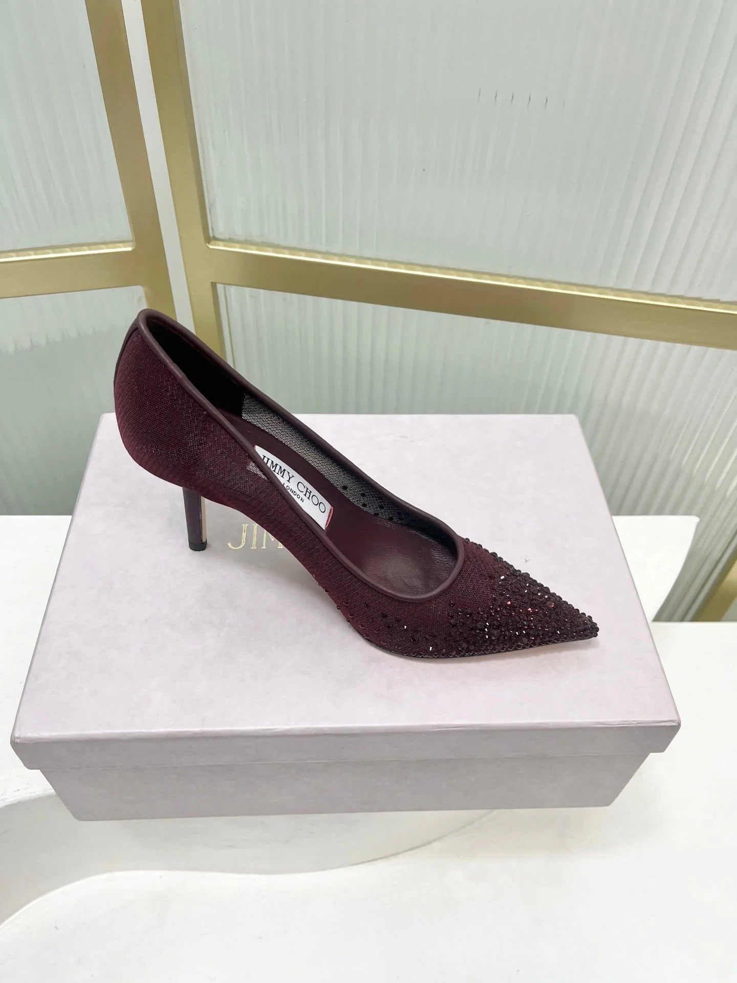 Jimmy 26s High Heels 85 Burgundy Rhinestones Mesh Sheepskin 605982