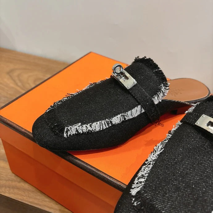 HM 26ss Mule Black Denim Leather Sliver Buckle 638473