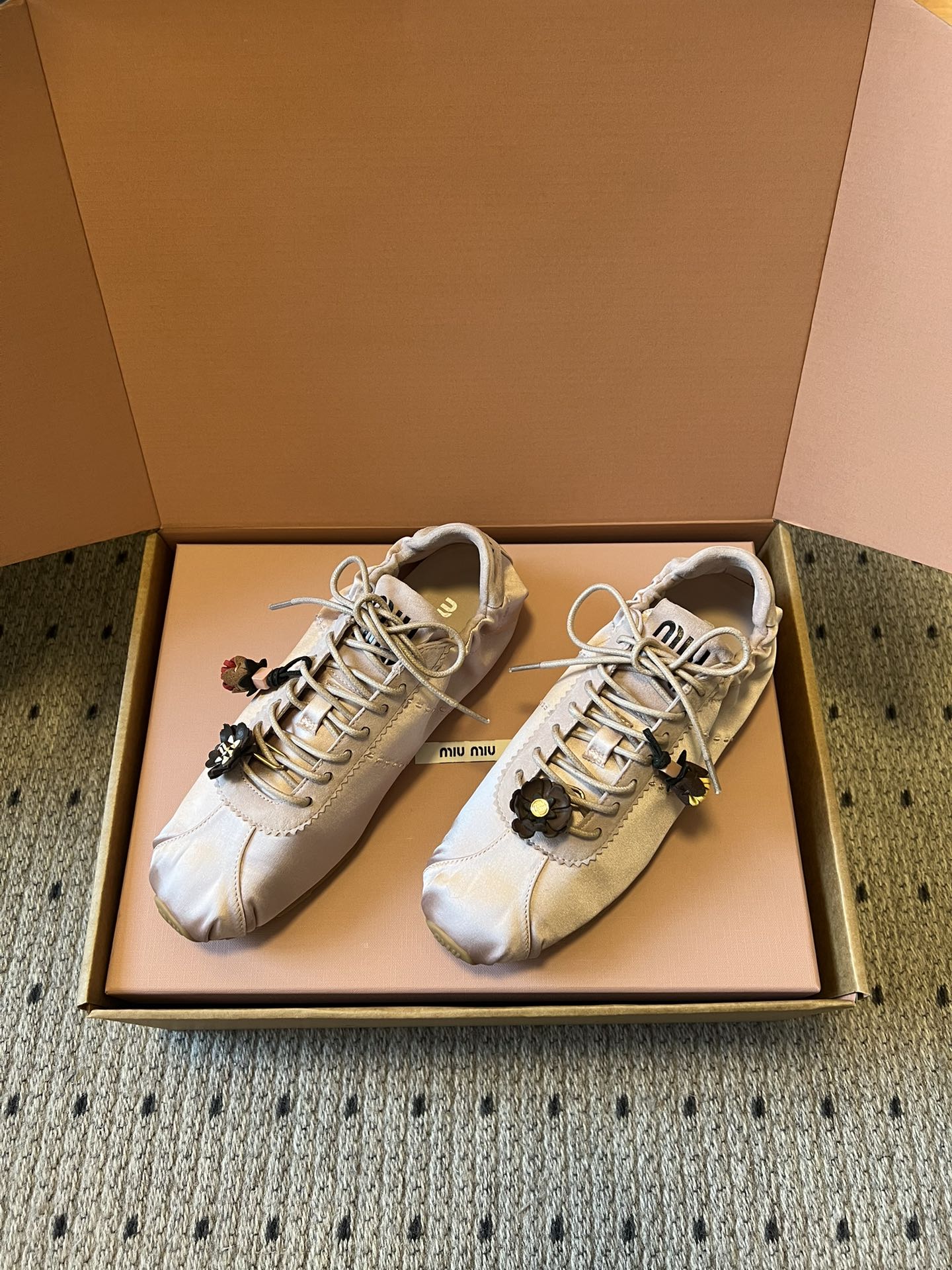 Miu Miu 2026 Plume Sneaker With Floral Charm Pink Satin 621345