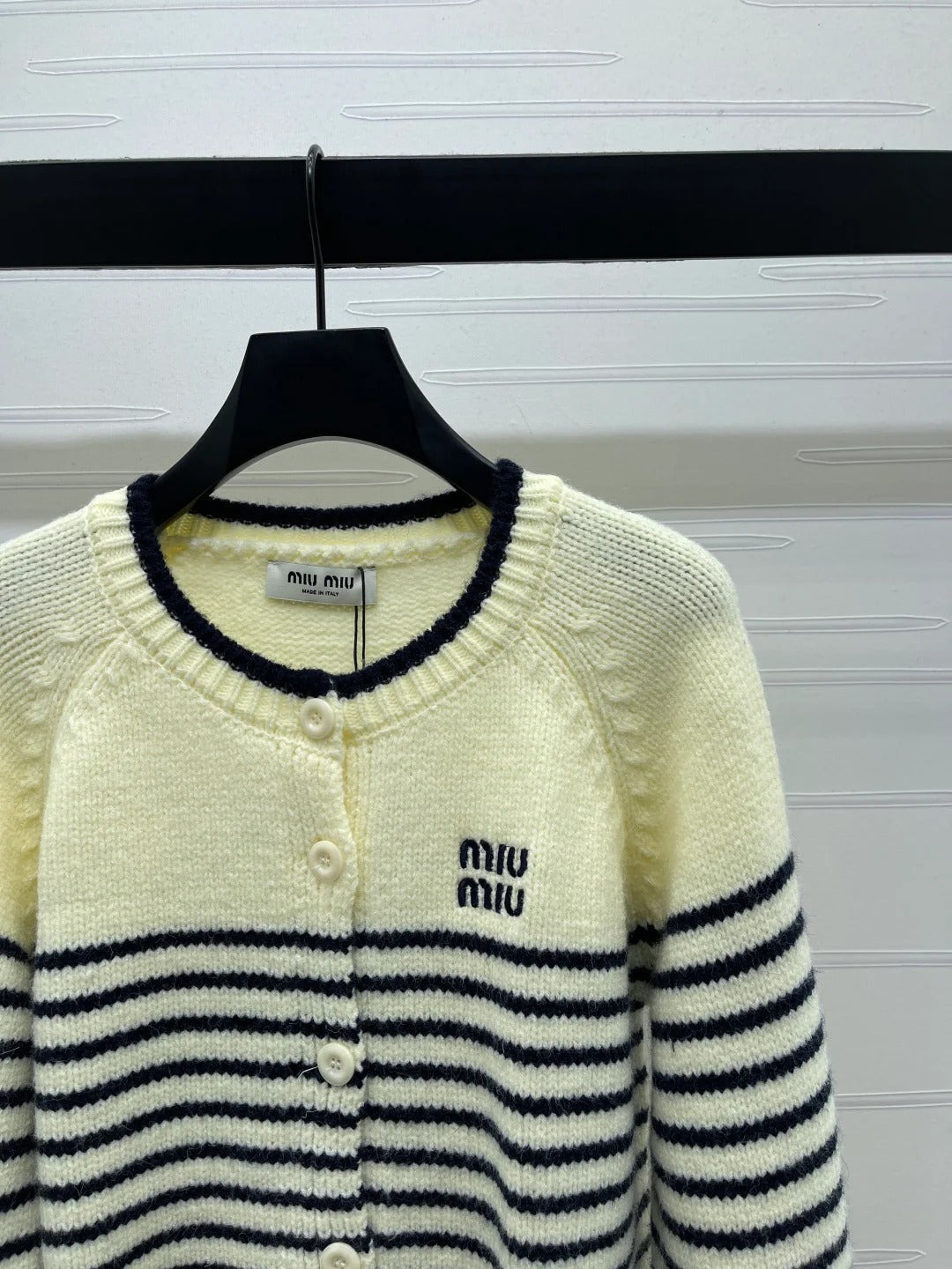 Miu 2026 Striped Knit Crew Neck Long-sleeved Cardigan Wool