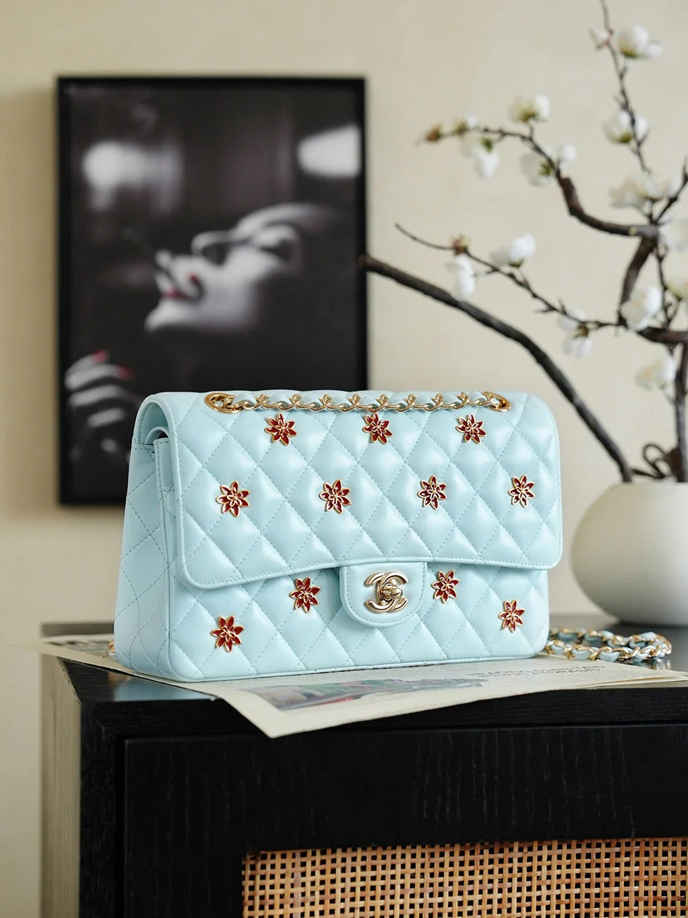 CC 2026 Red Flower Flap Bag 25.5cm Blue Lambskin 367103