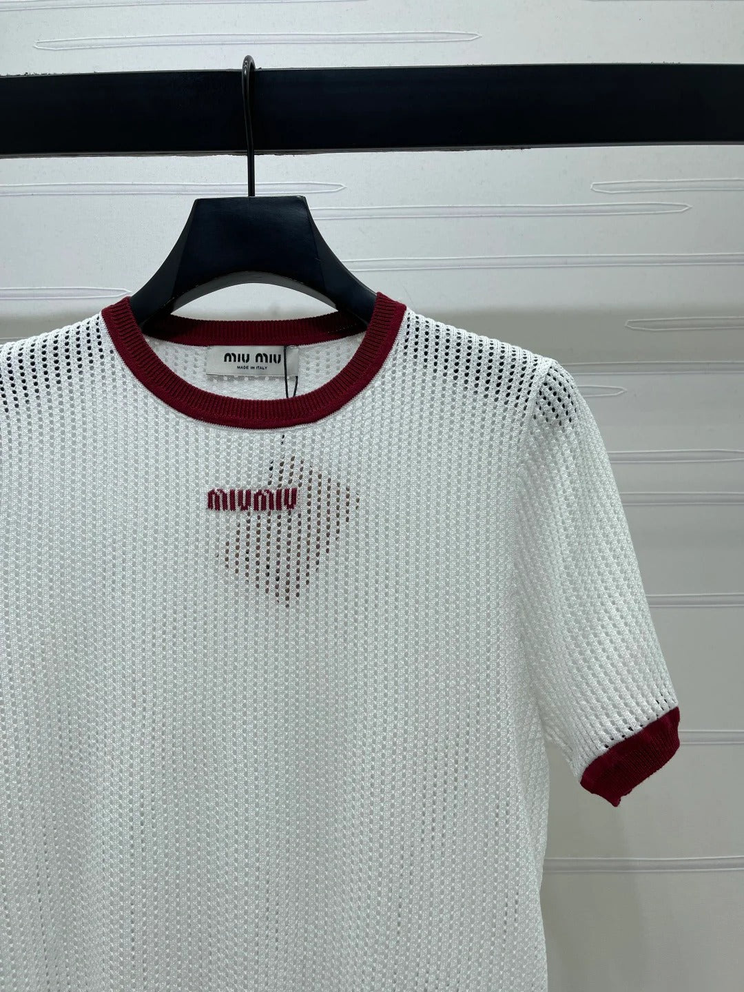 Miumiu 2026 Crochet-knit Crew-neck T-shirt White and Navy Blue Tencel