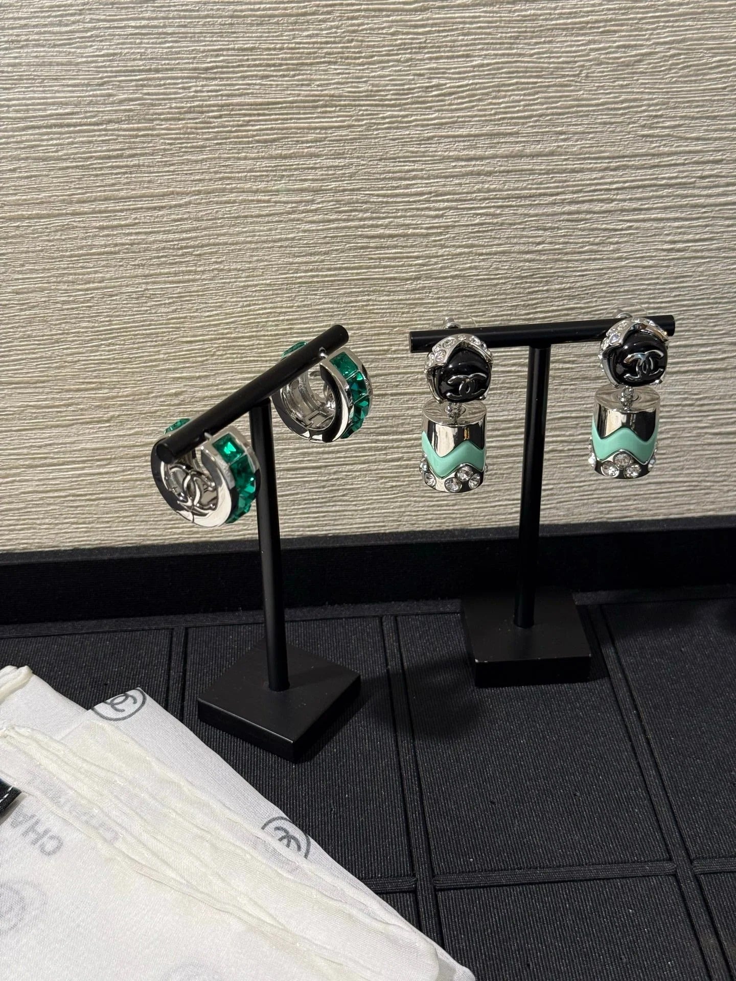 Chanel 2026 Emerald Square Diamond Silver Double C Hoop Earrings Stud Earrings
