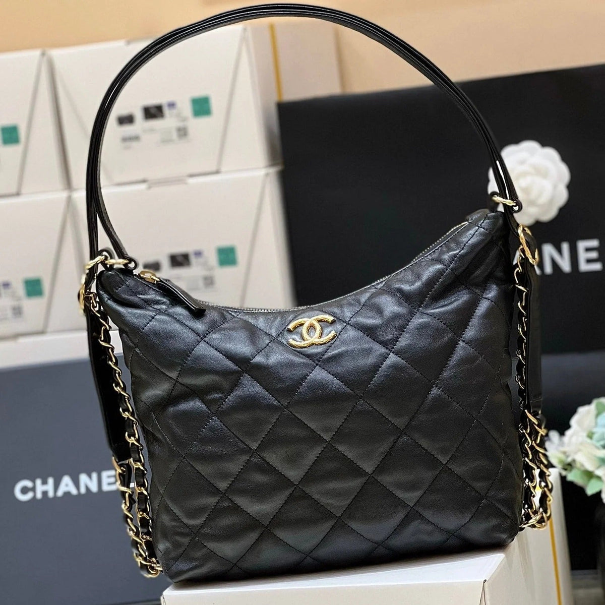 Chanel 2026 Quilted Hobo Bag 25cm Black Leather
