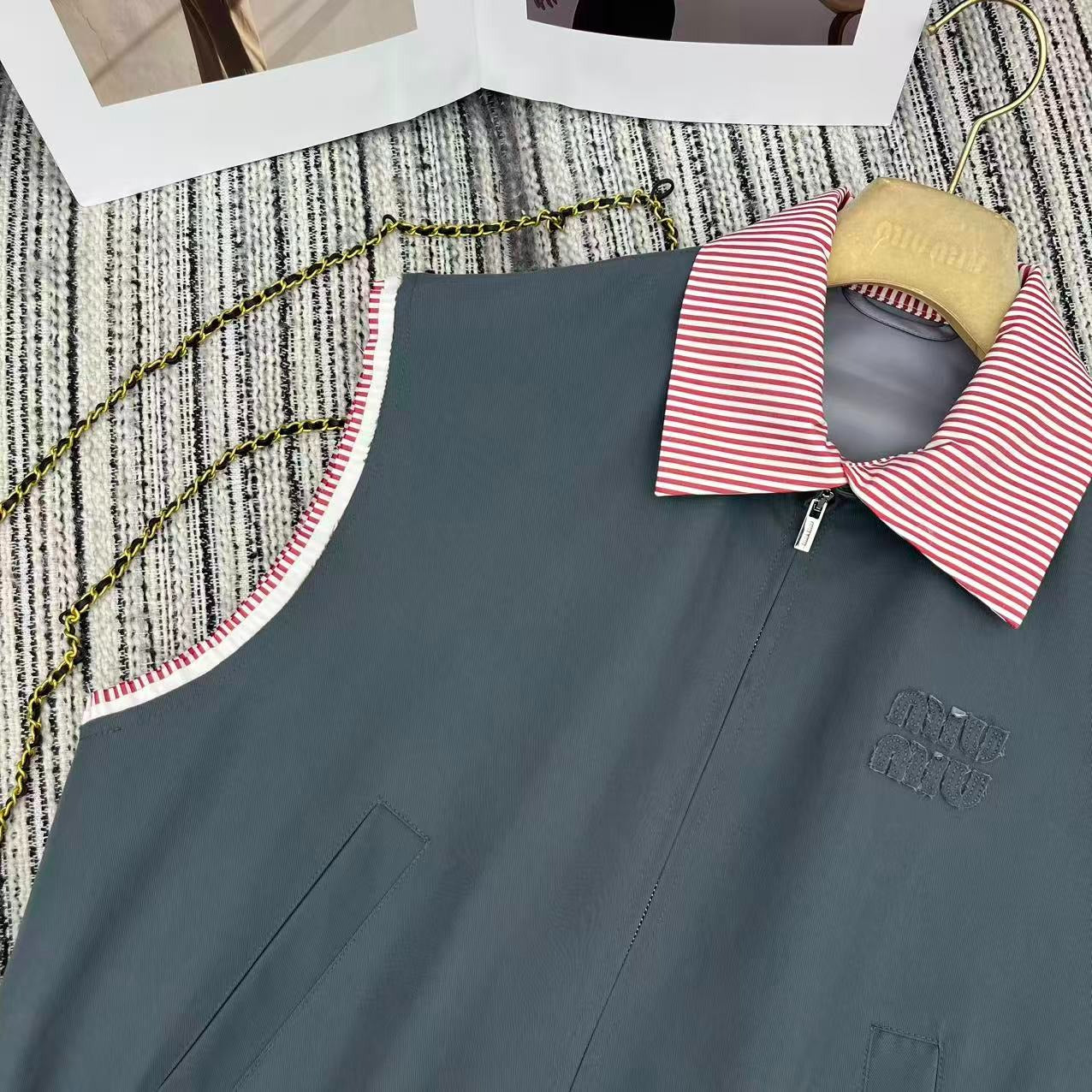 Miu Miu 2026 Striped Collared Vest Jacket Gray and Pink Cotton