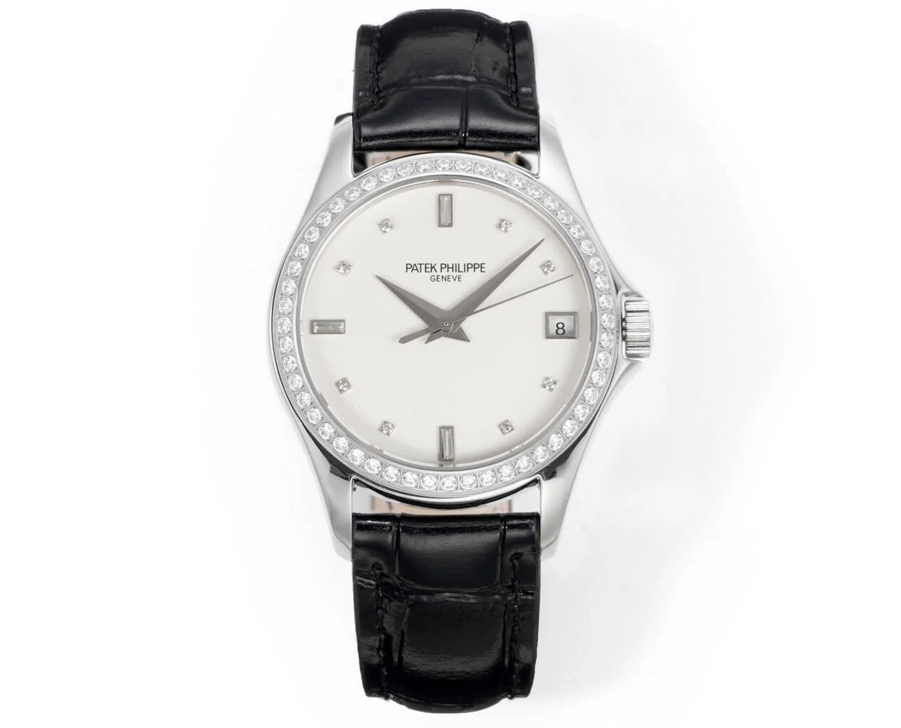 Patek Philippe Calatrava 37mm White Dial Black Leather Strap Watch