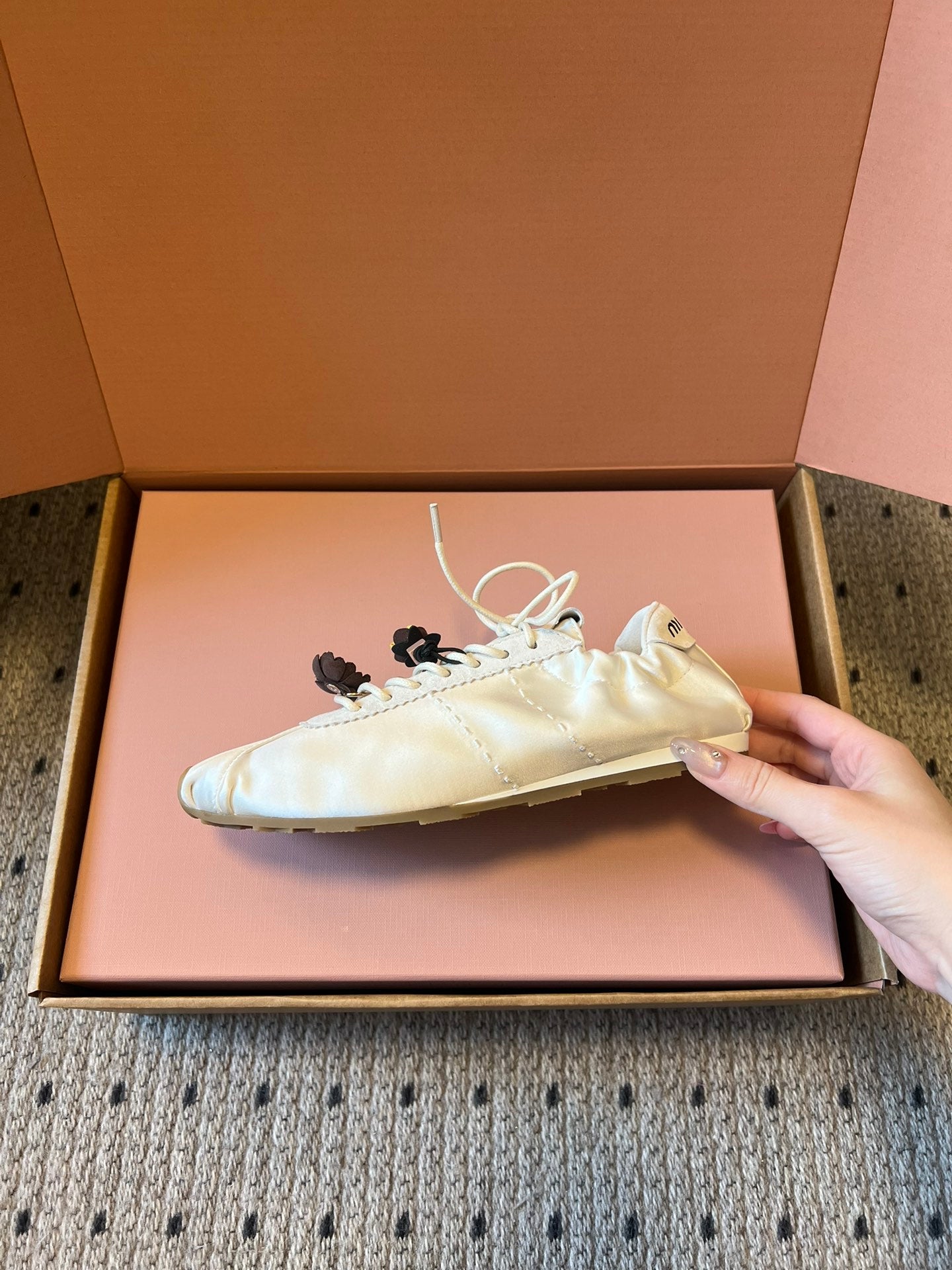 Miu Miu 2026 Plume Sneaker With Floral Charm White Satin 621346