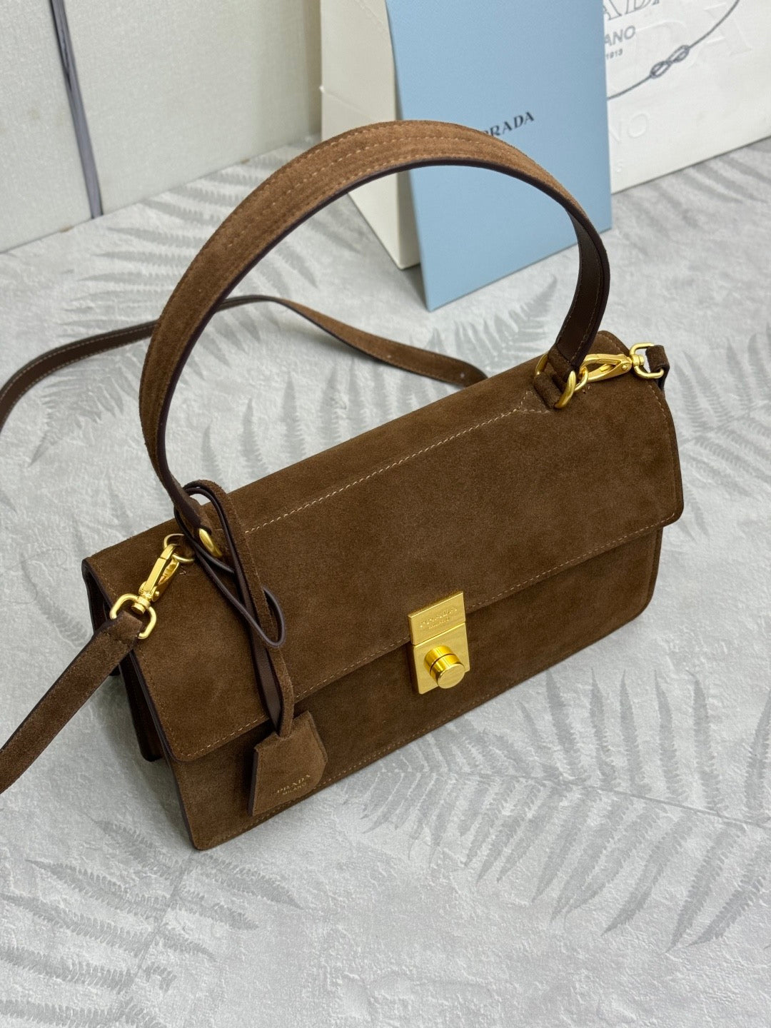 Prada 2026 Soft Sound Bag 28cm Brown Suede Leather