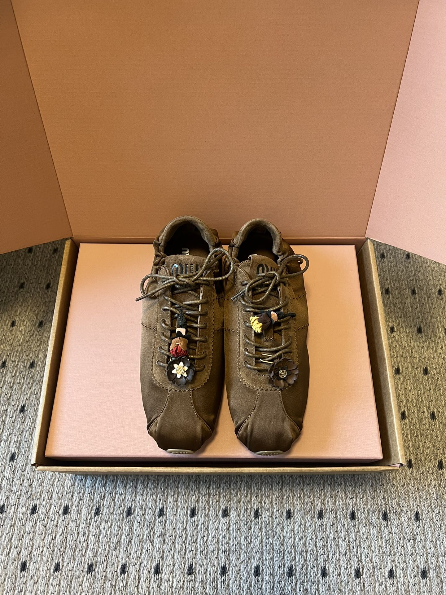 Miu Miu 2026 Plume Sneaker With Floral Charm Brown Satin 621344
