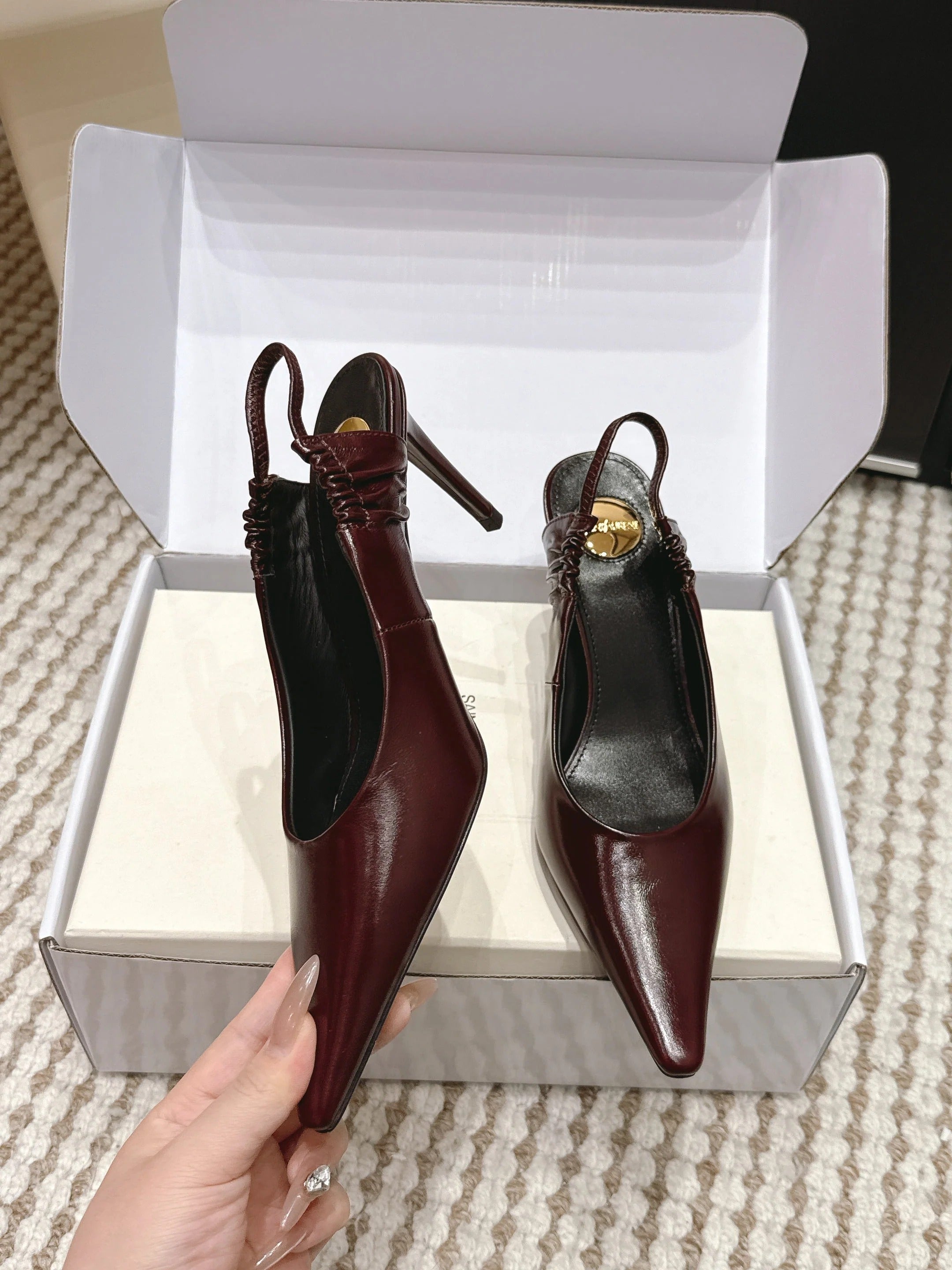 YSL 26ss Slingback 75 Burgundy Glossy Leather 654717