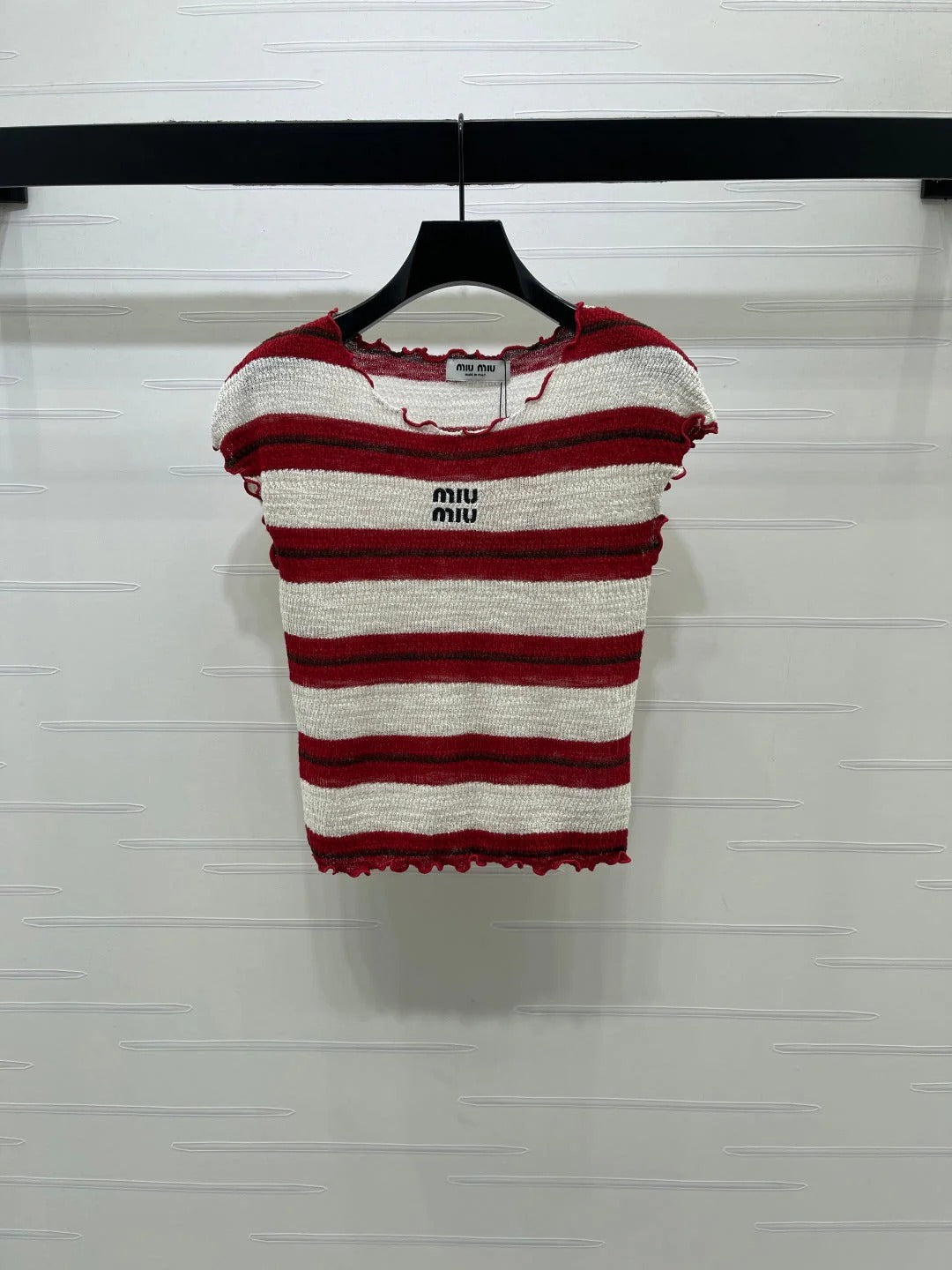Miumiu 2026 Color-blocked Striped Knit Short-sleeved Top Cotton 380669