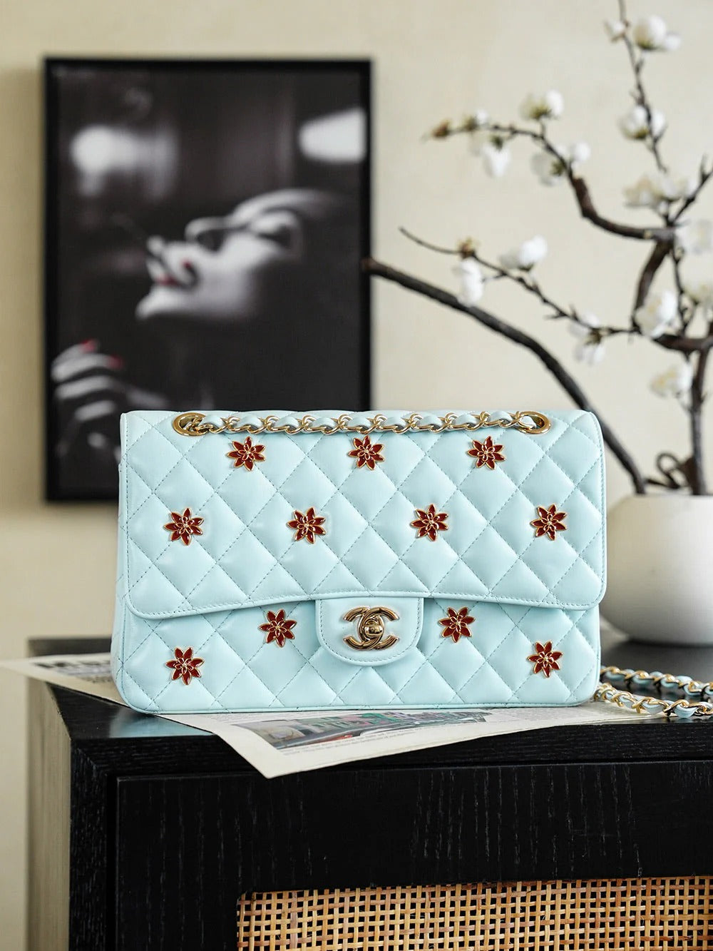 CC 2026 Red Flower Flap Bag 25.5cm Blue Lambskin 367103
