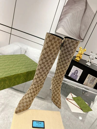 GG 2026 High-Heeled Boot Beige Canvas Leather 953419