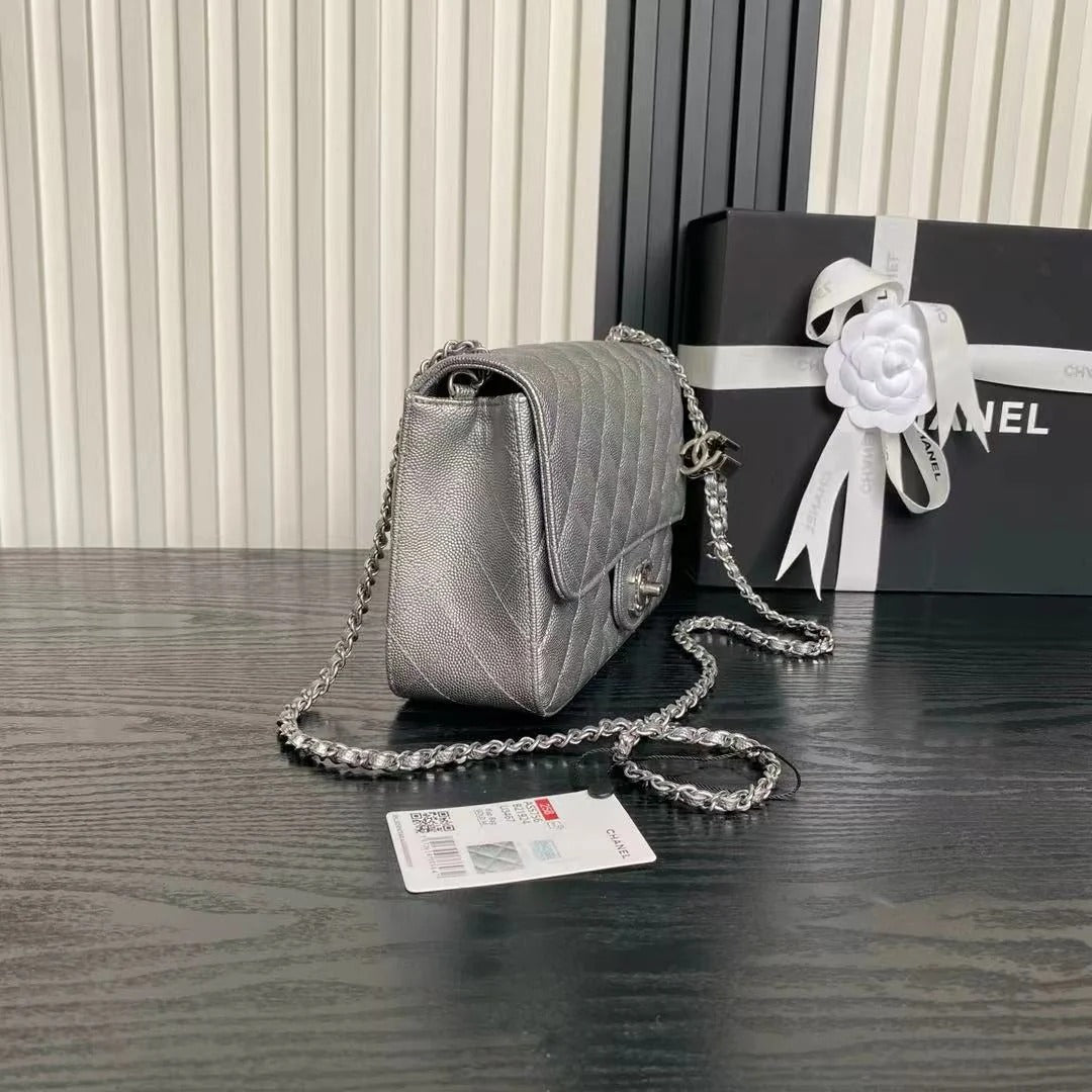 Chanel 2026 Classic Flap Bag 23.5cm Silver Grained Cowhide