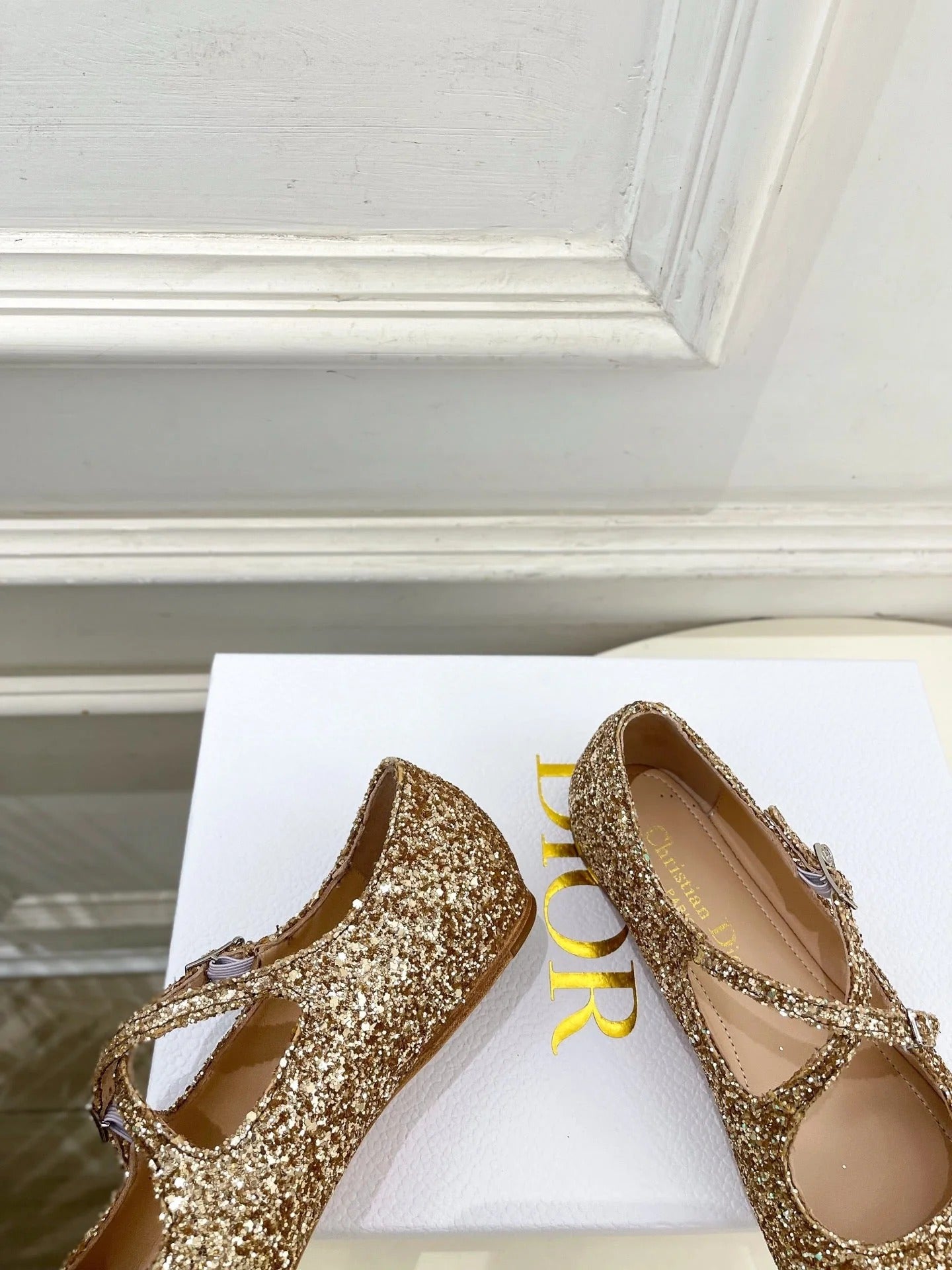 Dior 2026 Cross-Strap Ballet Flats Gold Glitter Leather 966828