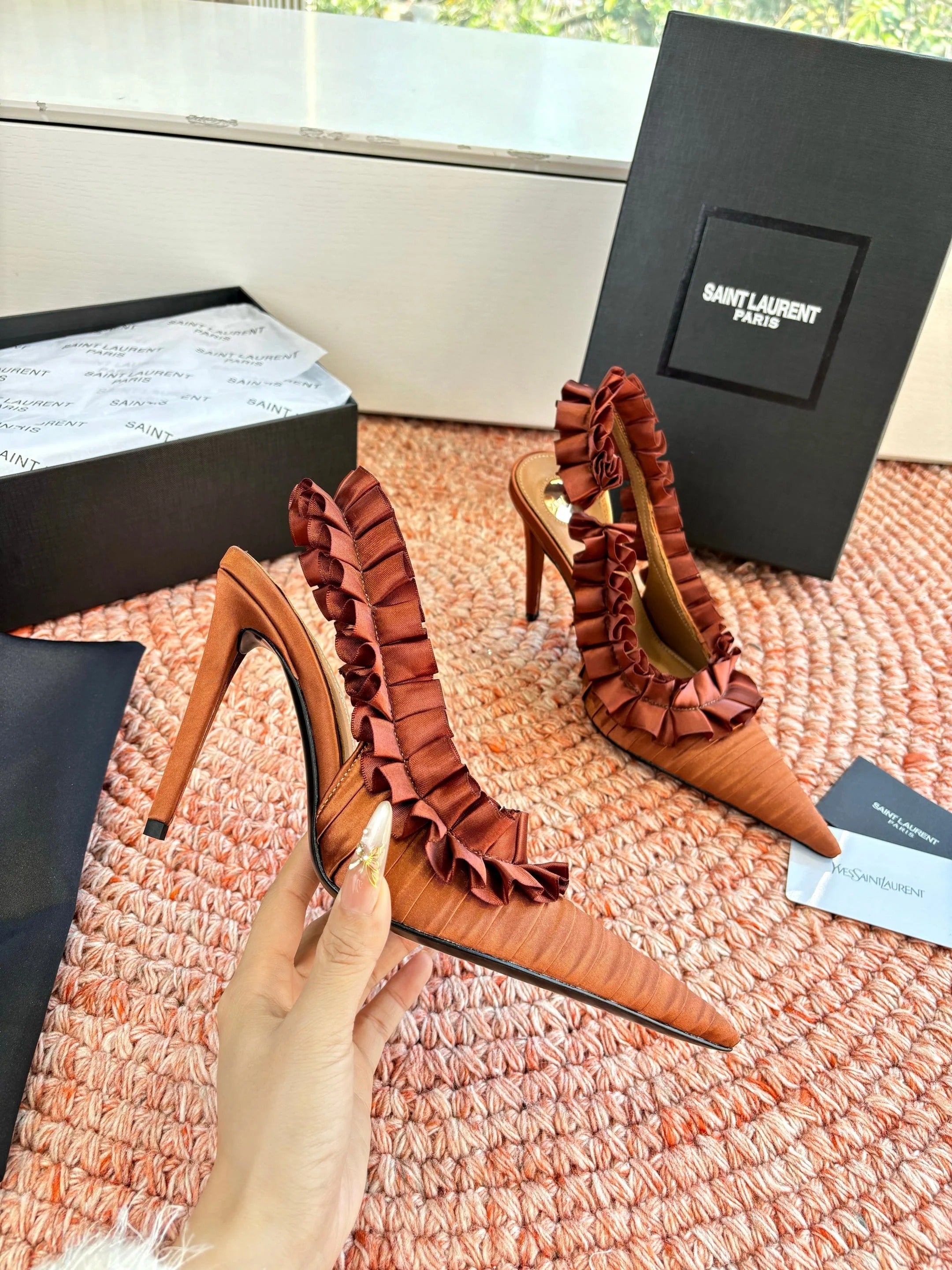 YSL 26ss Slingback Camel Brown Silk Leather 648841