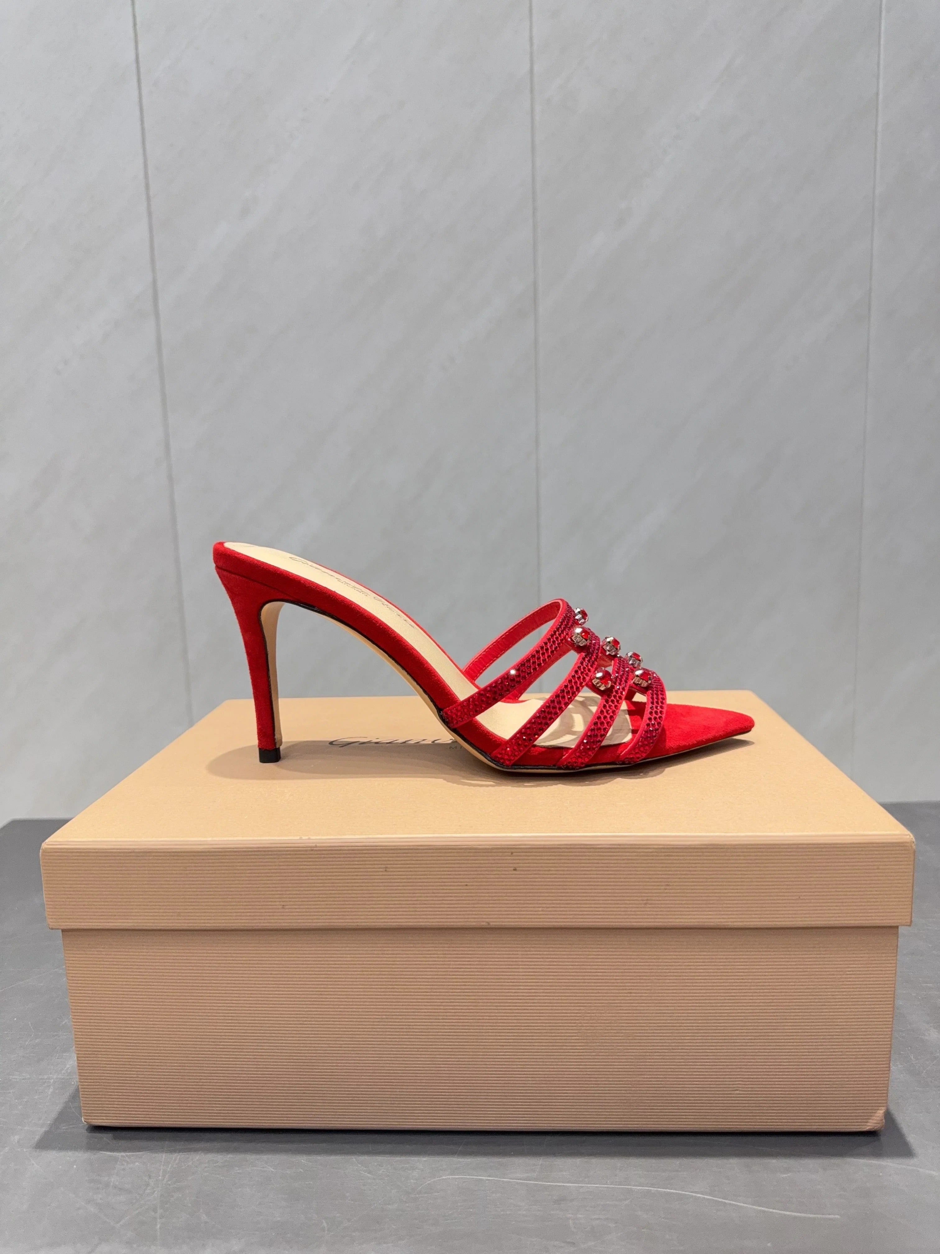 Gianvito Rossi 26SS High Heeled Sandals 100 Red Beige Sheepskin 613827