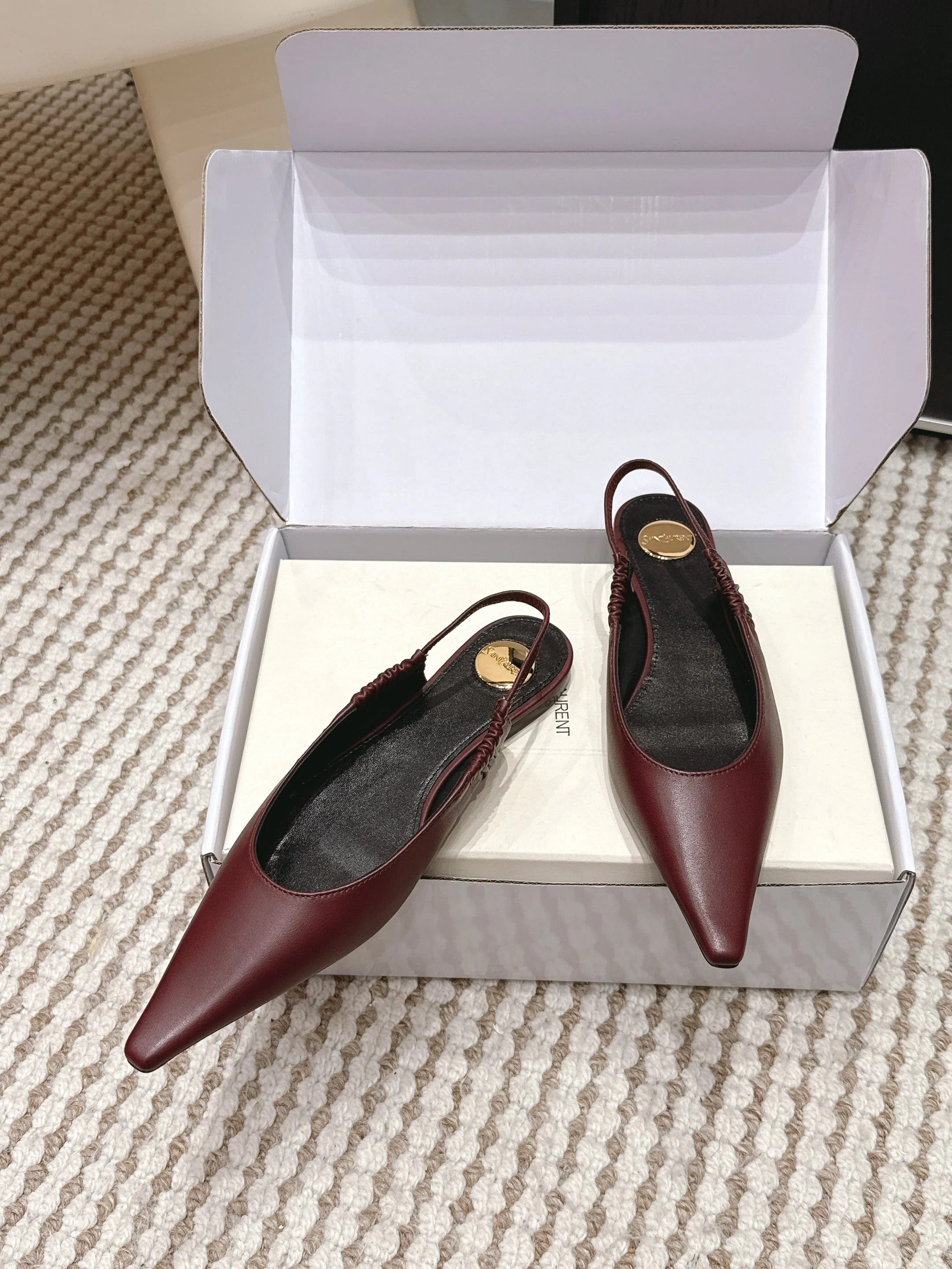 YSL 26ss Flat Slingback Burgundy Sheepskin 654714