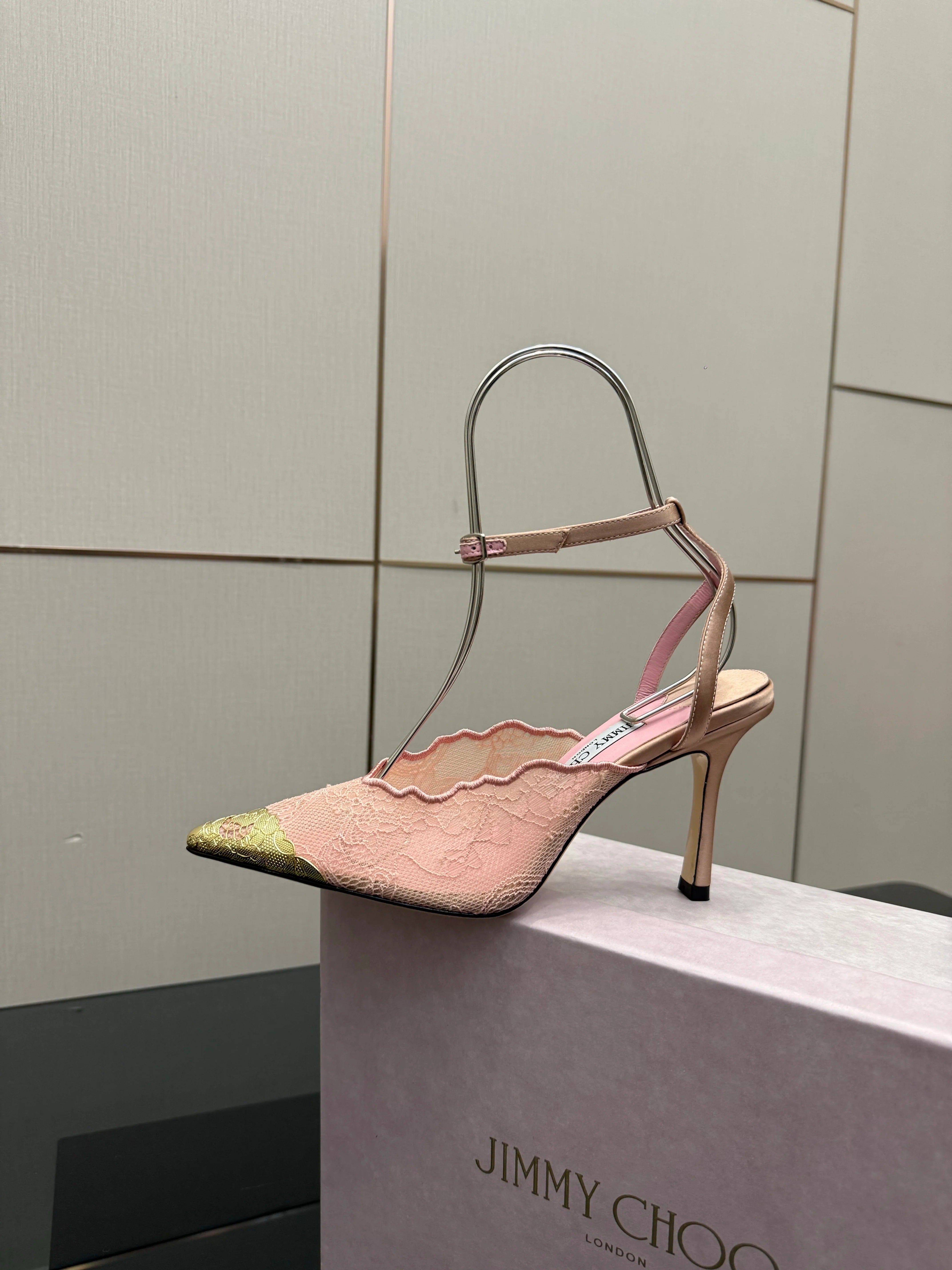Jimmy Choo 2026 Faiz 100 Pump Pink Gold Lace Metallic 629905