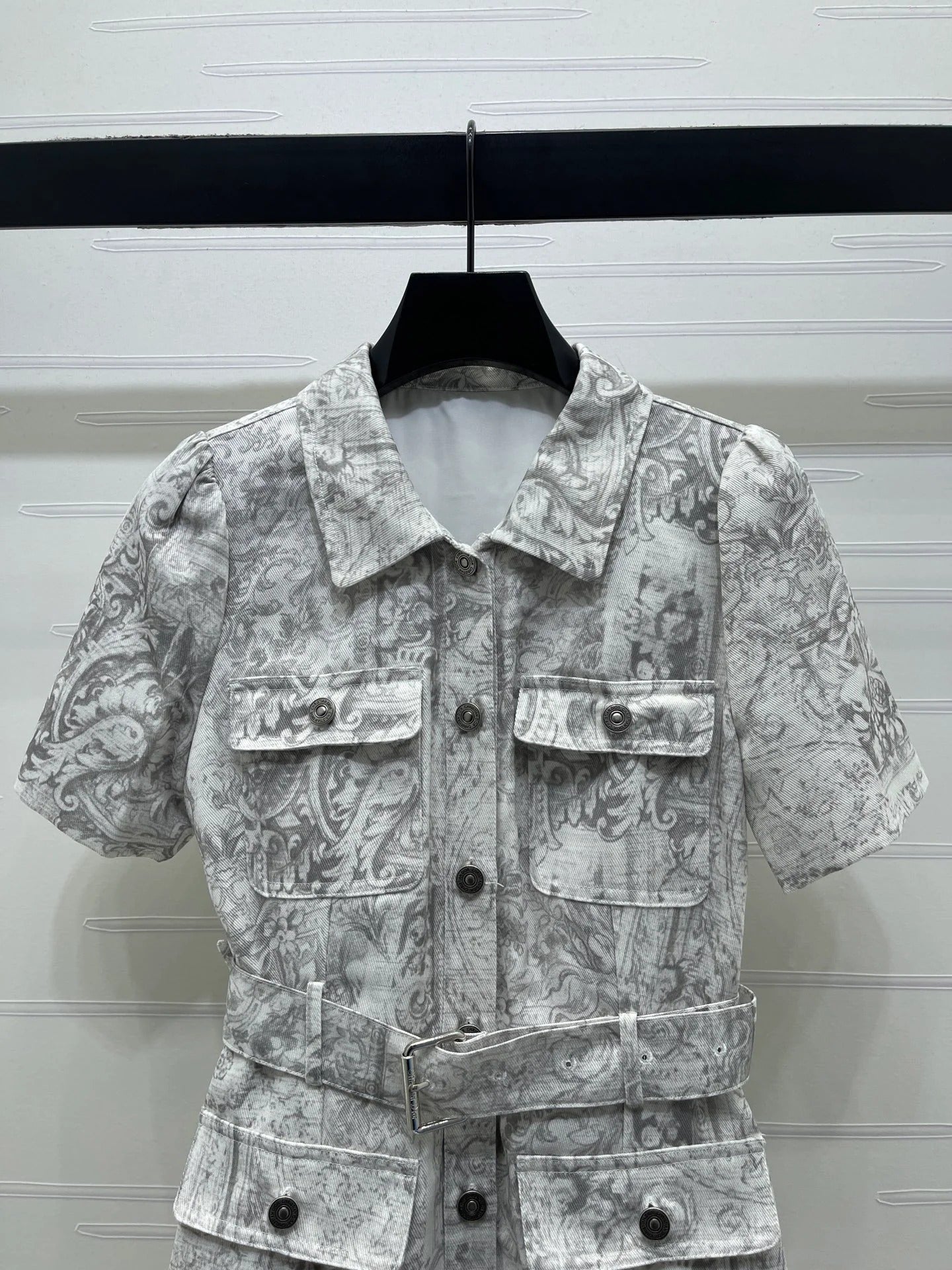 Dior 2026 Collared Print Denim Short-Sleeve Dress White Grey Polyester