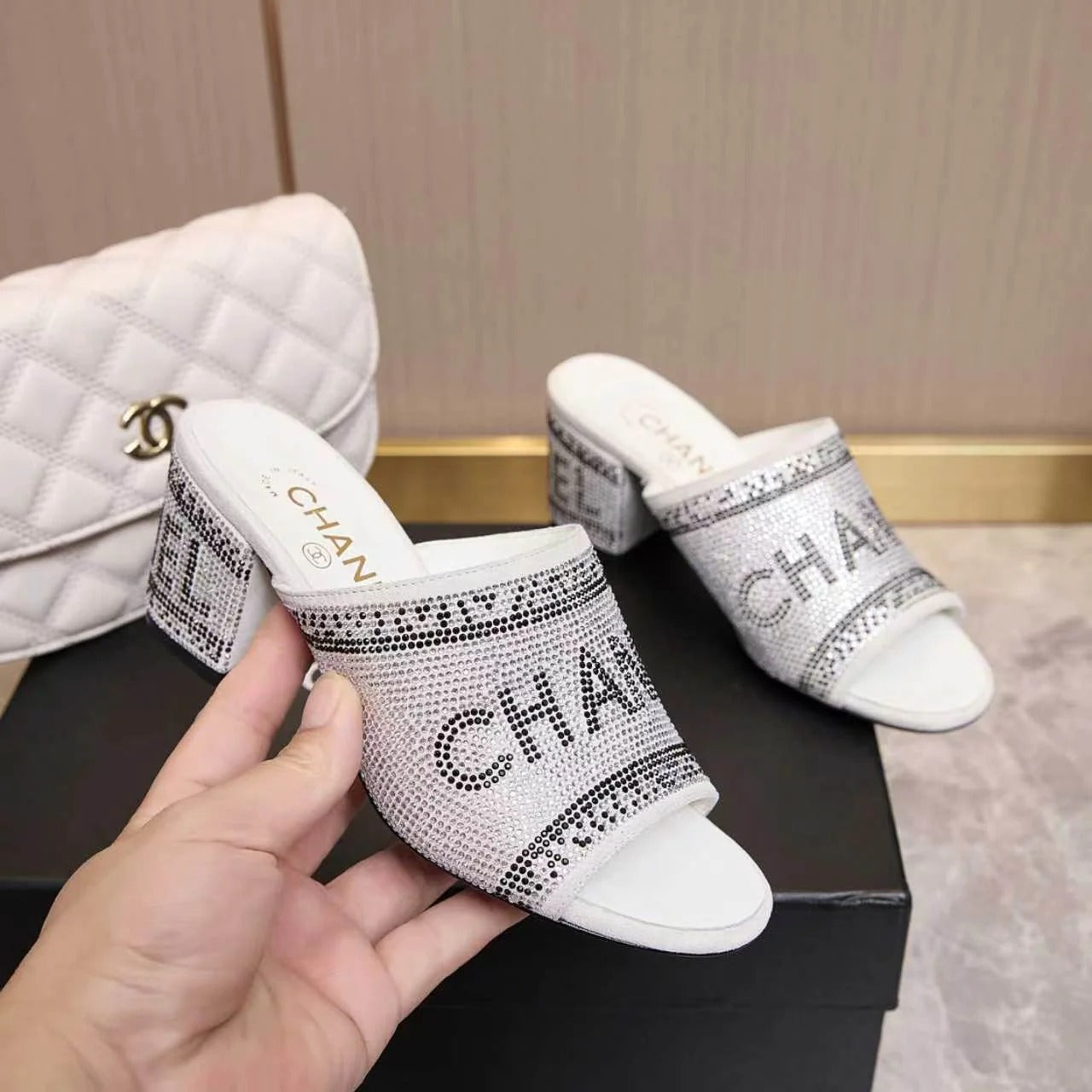 Chanel 2026 Rhinestone Mules Block Heel And Lettered Design Leather 778400