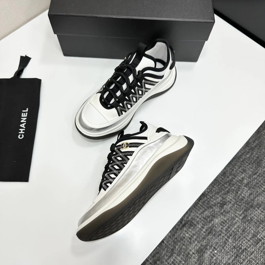 CC 26s Casual Sneakers White Black Sliver Fabric Cowhide 626375