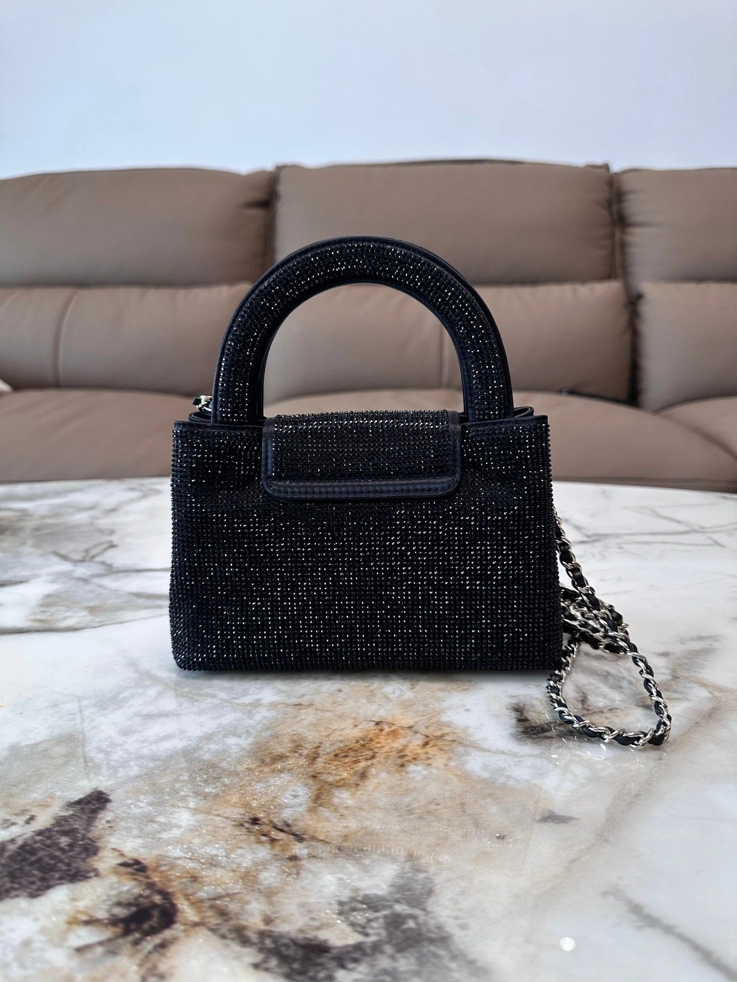Chanel 2026 Bag 19cm Black And Silver Rhinestones Leather