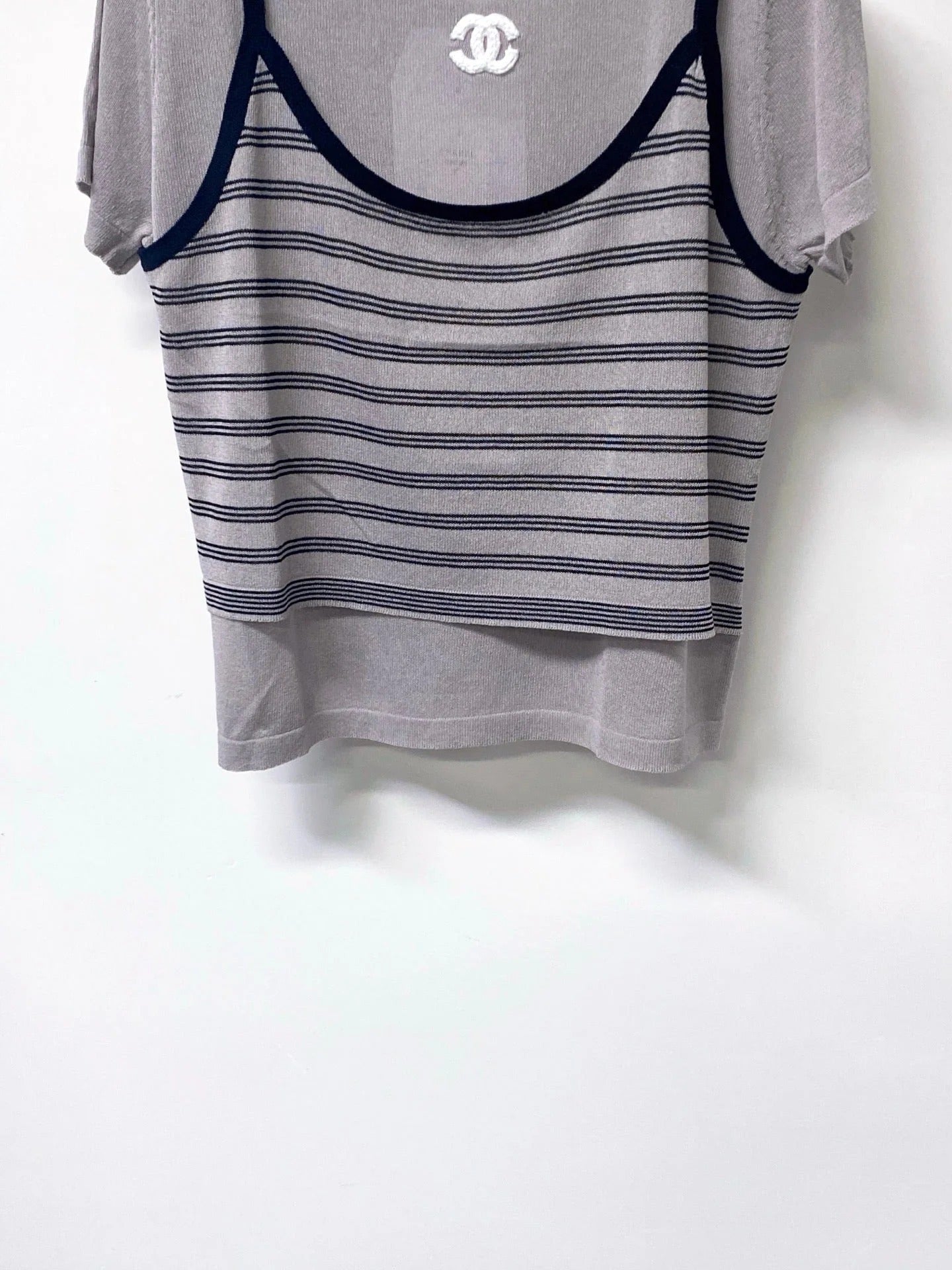 Chanel 2026 Grey Knit Top Striped Camisole Overlay 416252