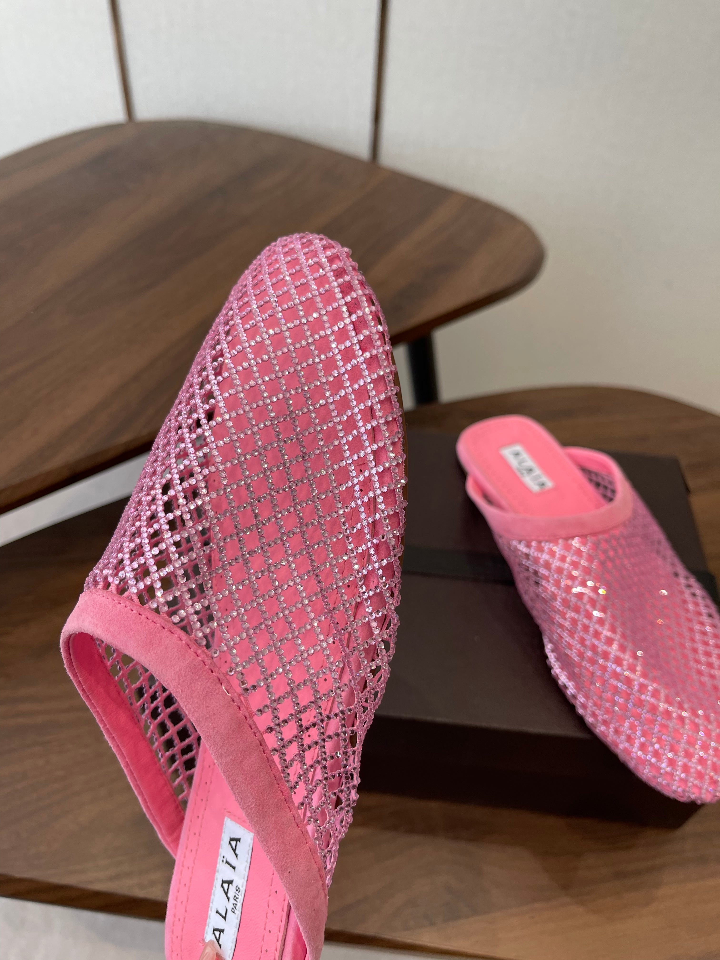 Alaia 26 Half-Slippers Pink Mesh Rhinestones 624902