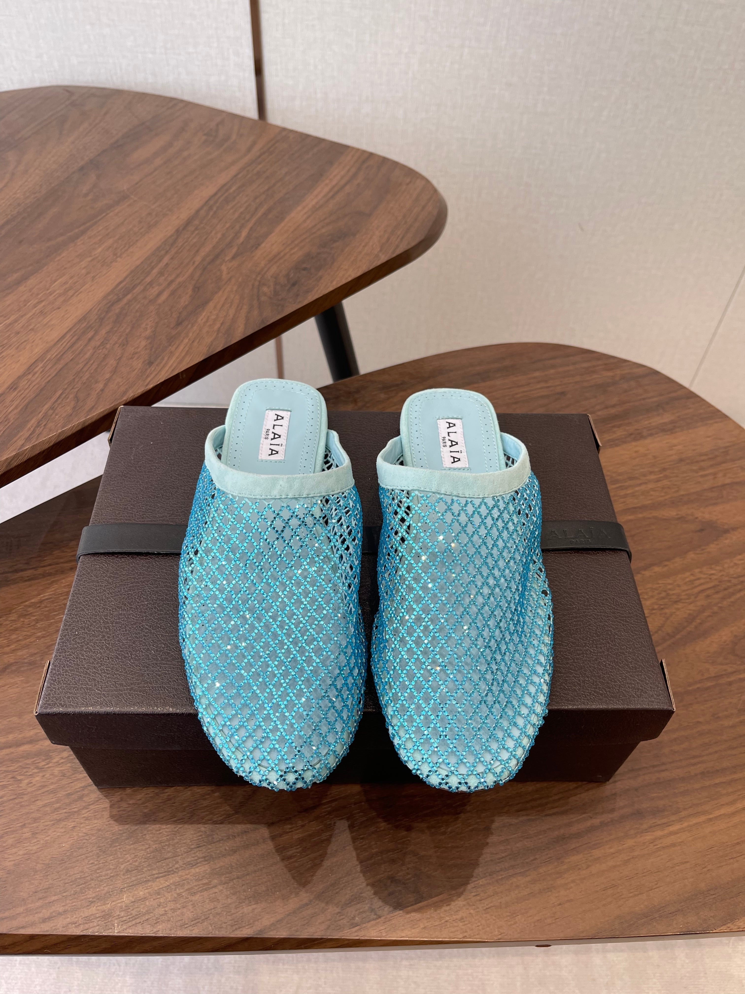 Alaia 26 Half-Slippers Blue Mesh Rhinestones 624905