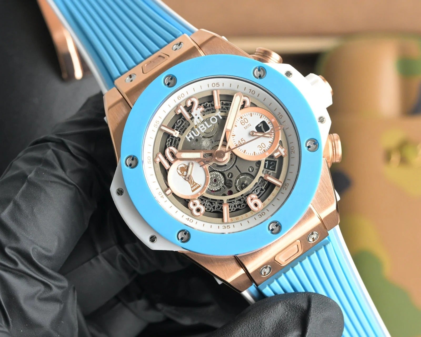 Hublot Big Bang Unico 45mm Blue Benzel Rose Gold Case Blue Rubber Strap