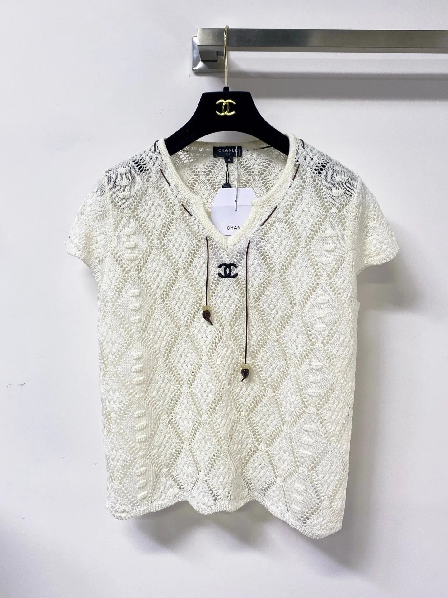 Chanel 2026 Hollow-Out Knit Top Drawstring Laine Wool 479951