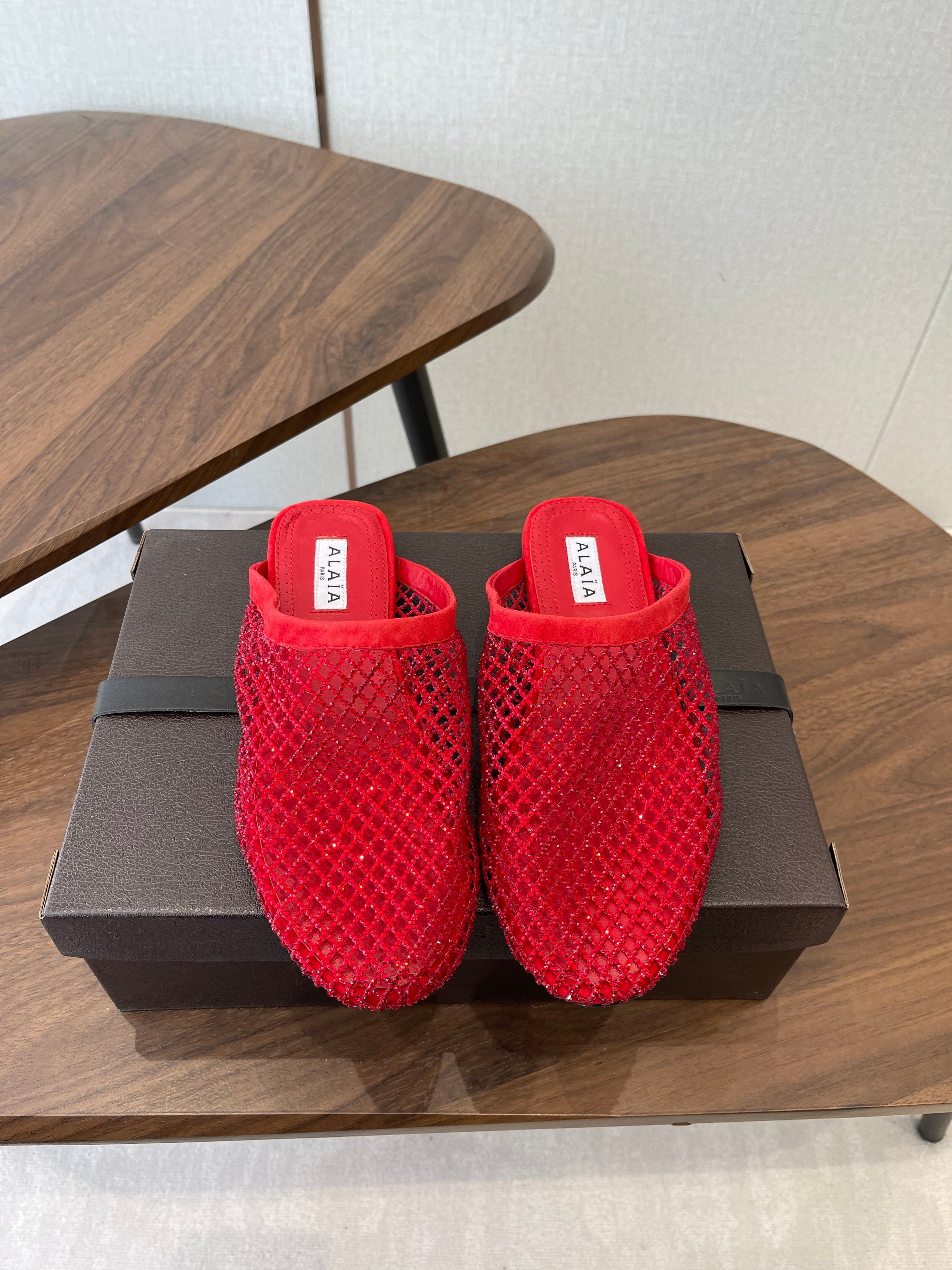 Alaia 26 Half-Slippers Red Mesh Rhinestones 624899