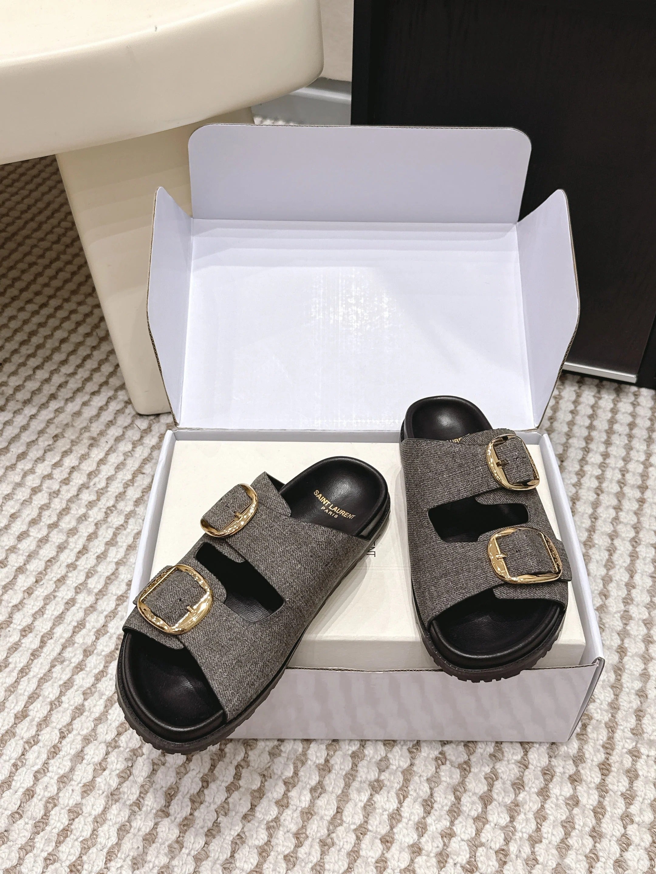 YSL 26ss Platform Slippers Black Gray Denim Leather 663210